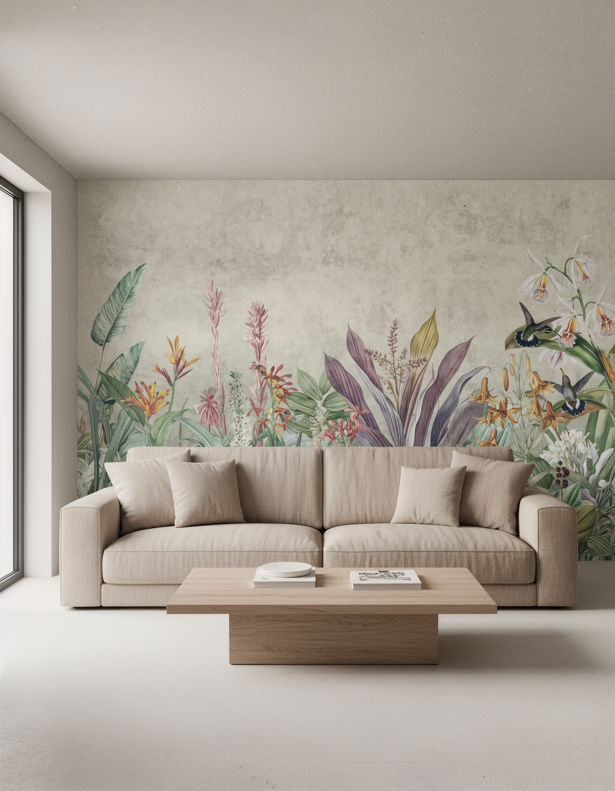 Wandkult XXL Tapetenmotiv „Kolibrigarten“ – florale Illustration mit tropischen Pflanzen, Blüten und Kolibris in Grün auf Offwhite, zarte Farben und ruhiger Vintage-Look.