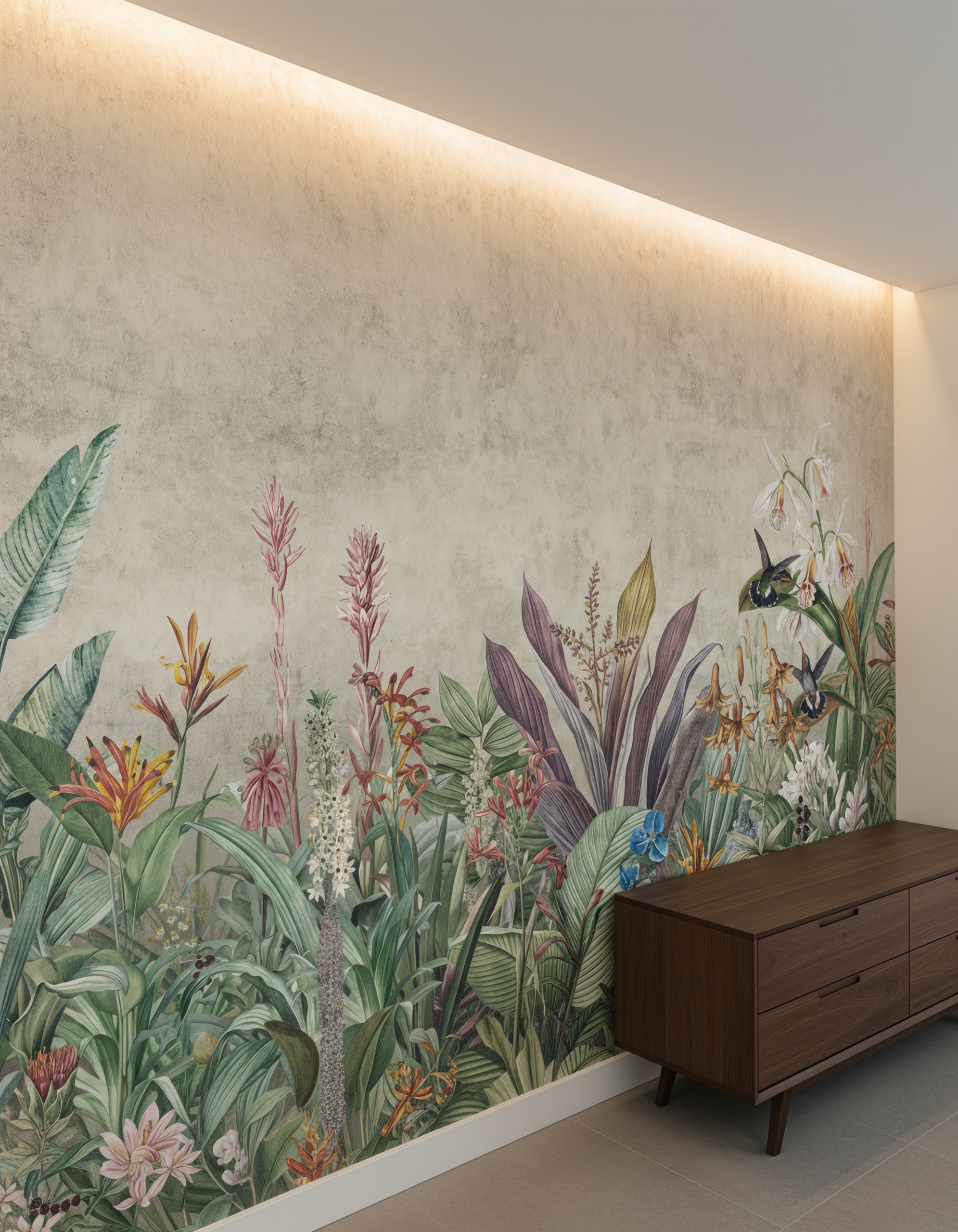 Wandkult XXL Tapetenmotiv „Kolibrigarten“ – florale Illustration mit tropischen Pflanzen, Blüten und Kolibris in Grün auf Offwhite, zarte Farben und ruhiger Vintage-Look.