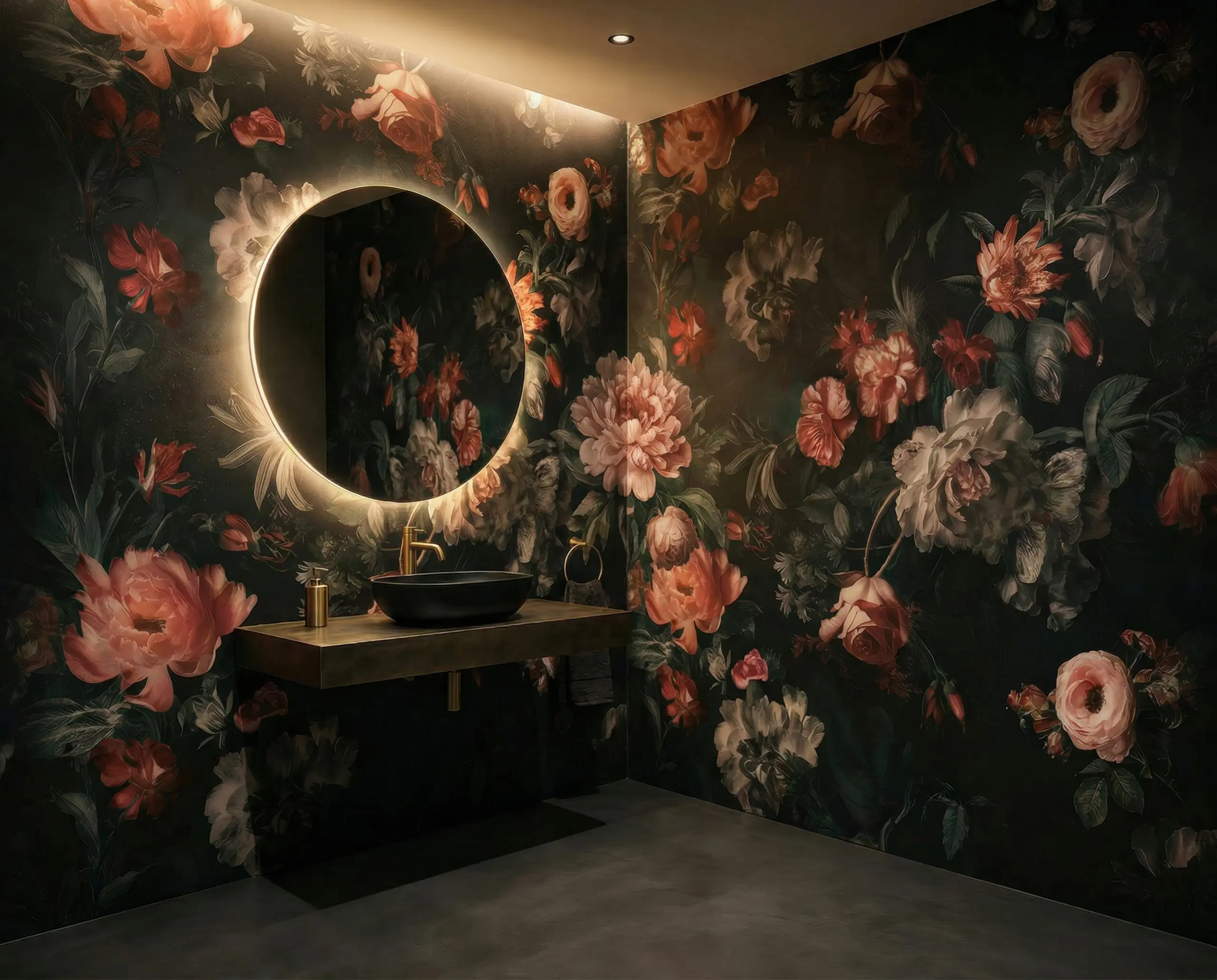 Wandkult XXL Tapetenmotiv „Nachtblüte“ – dunkles florales Motiv mit roten und cremefarbenen Blüten auf schwarzem Hintergrund, barocke Stimmung und luxuriöser Look in einem Badezimmer mit Spritzwasser und Nassbereich.