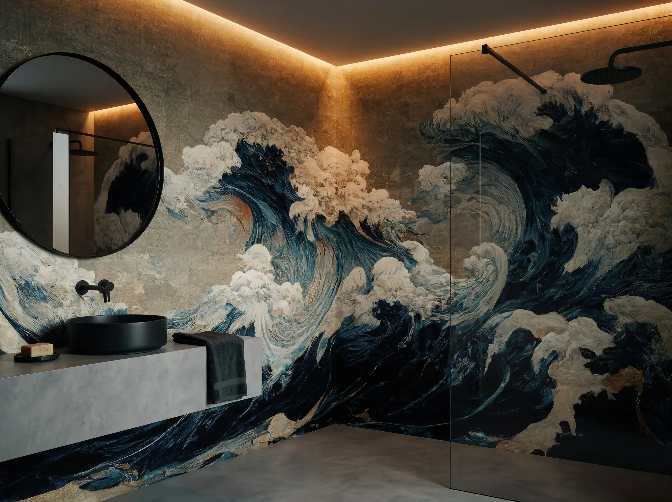Wandkult XXL Tapetenmotiv „Sturmwellen“ – Kunstmotiv mit kraftvollen Meereswellen in Blau und Offwhite, malerische Struktur im Vintage-Look auf beigem Hintergrund in einem Badezimmer inklusive Nassbereich