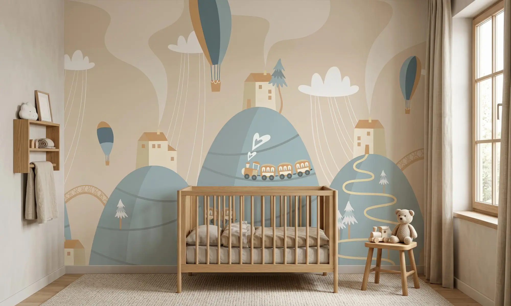 Wandkult XXL Tapetenmotiv „Ballonberge“ – Kinderzimmer-Motiv mit Heißluftballons, kleinen Häusern und Zug in sanften Beige- und Blautönen im skandinavischen Stil im Babyzimmer