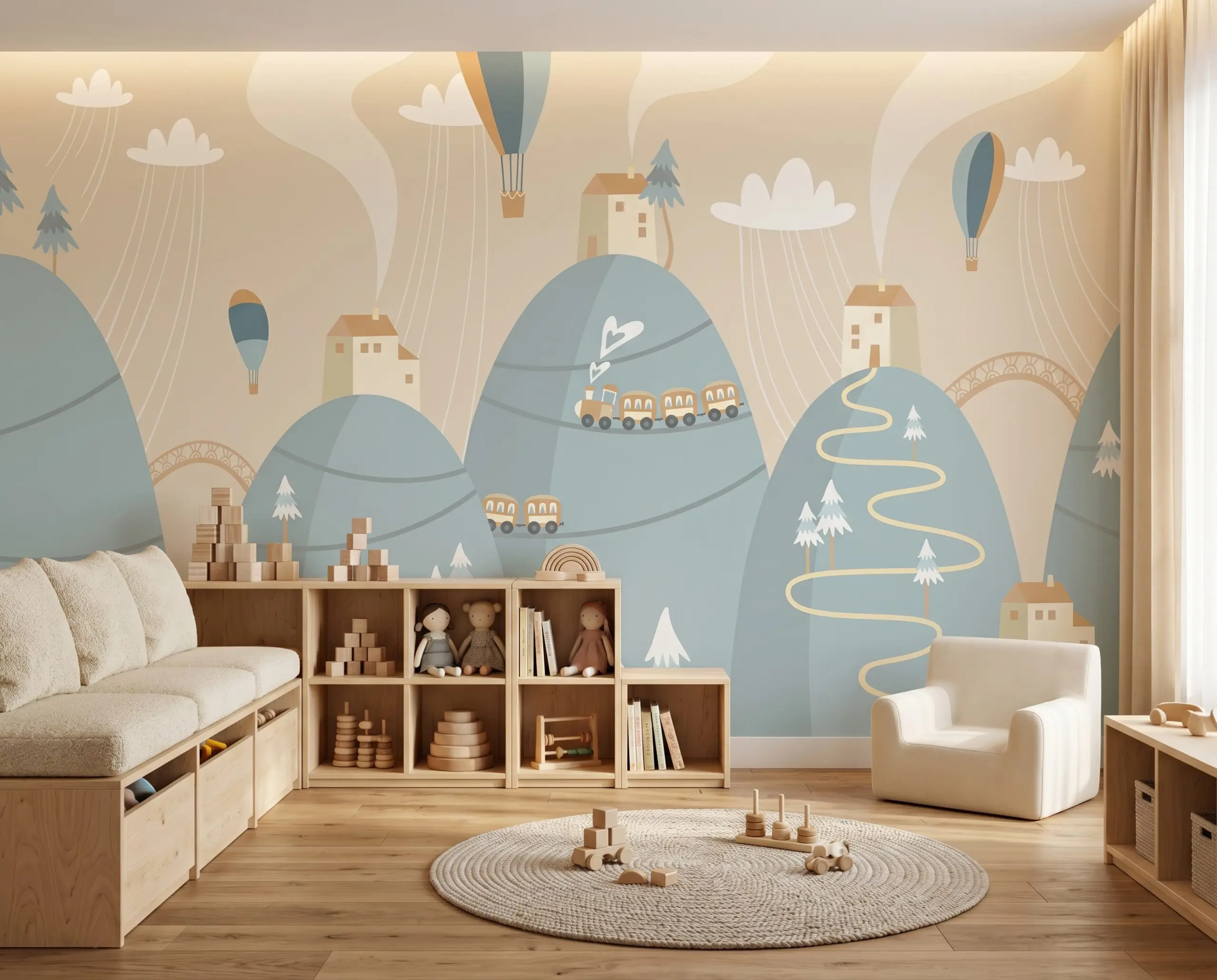 Wandkult XXL Tapetenmotiv „Ballonberge“ – Kinderzimmer-Motiv mit Heißluftballons, kleinen Häusern und Zug in sanften Beige- und Blautönen im skandinavischen Stil in Kita oder Kinderarzt