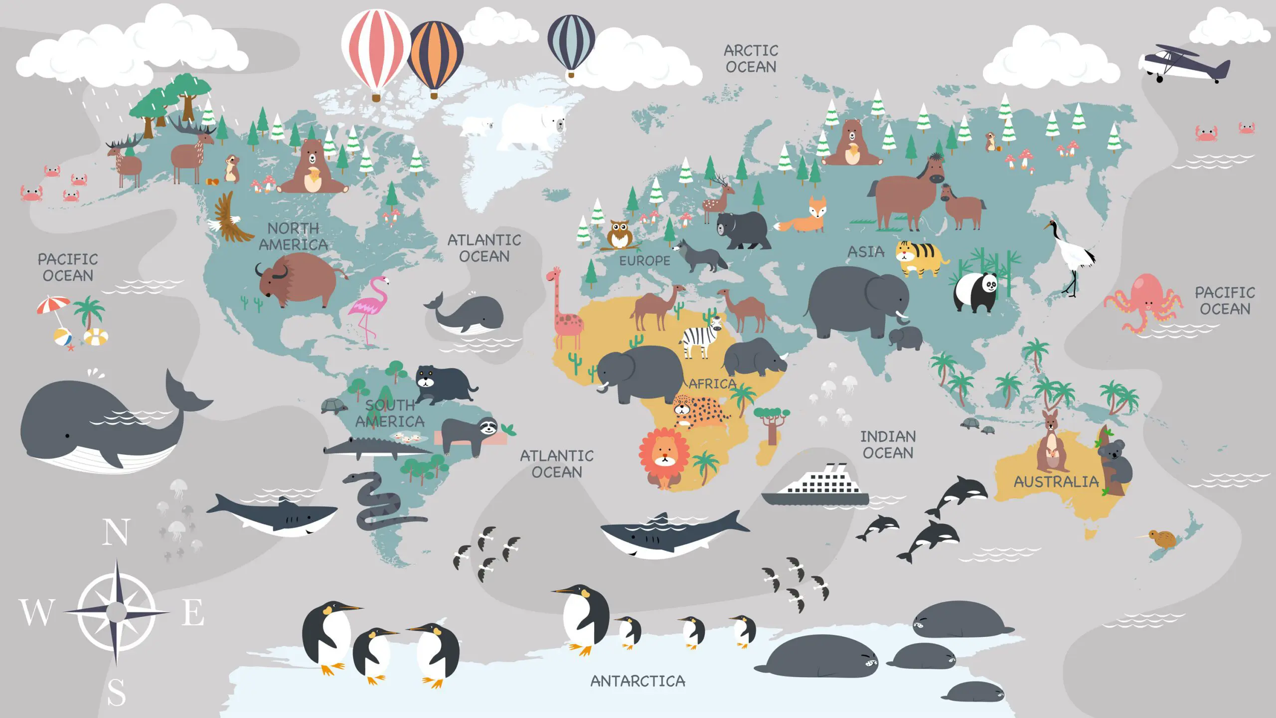 Wandkult XXL Tapetenmotiv „Tierweltkarte“ – Kinderzimmer-Weltkarte mit Kontinenten und Tierillustrationen in Grau, Blau und Grün, spielerisches Lernmotiv im skandinavischen Stil.