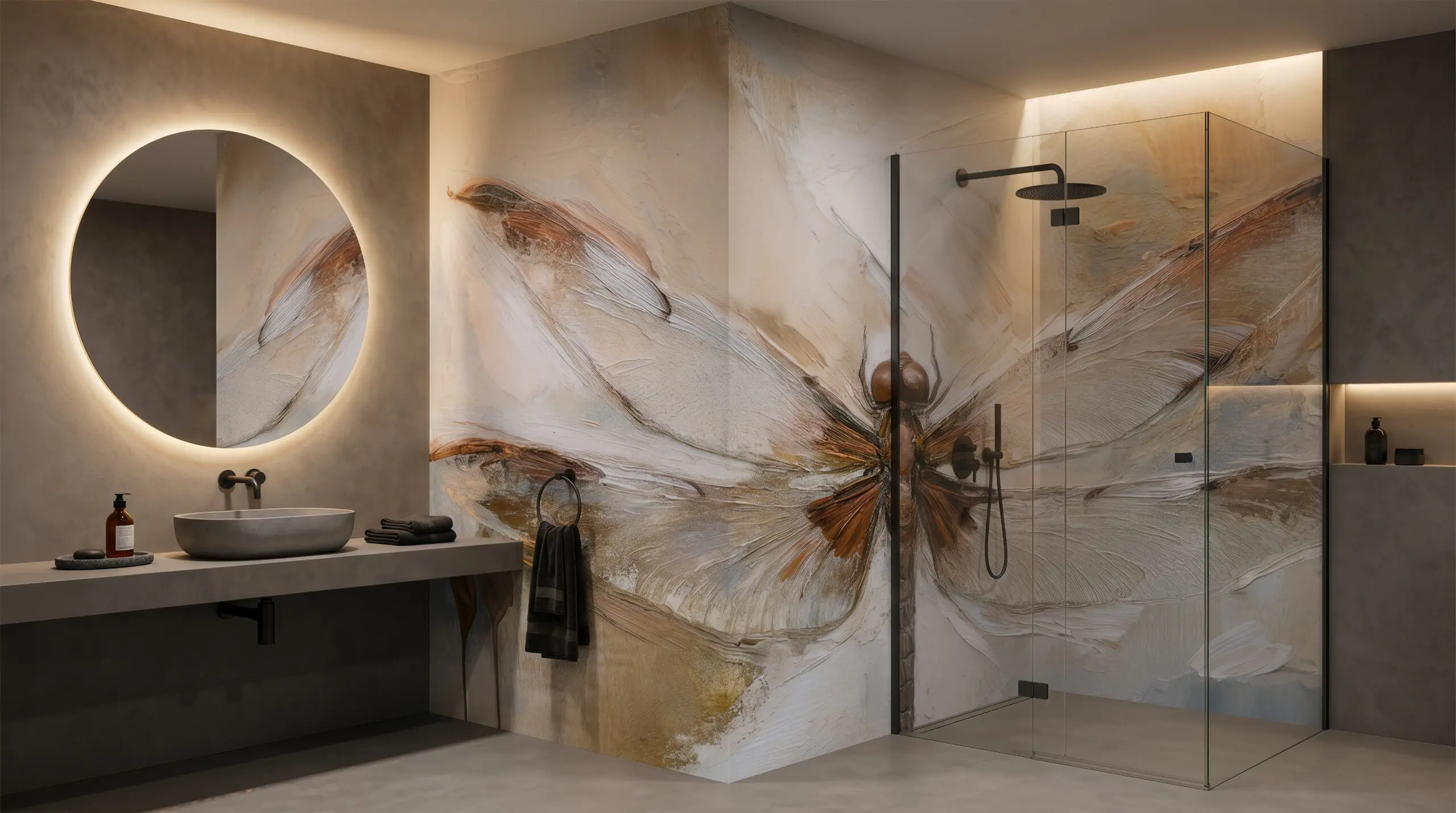 Wandkult XXL Tapetenmotiv „Libellenflug“ – Libelle in malerischer Kunstoptik in Offwhite und Beige mit braunen Akzenten, feine Textur und ruhiger Look in einem Badezimmer in der Dusche / Nassbereich