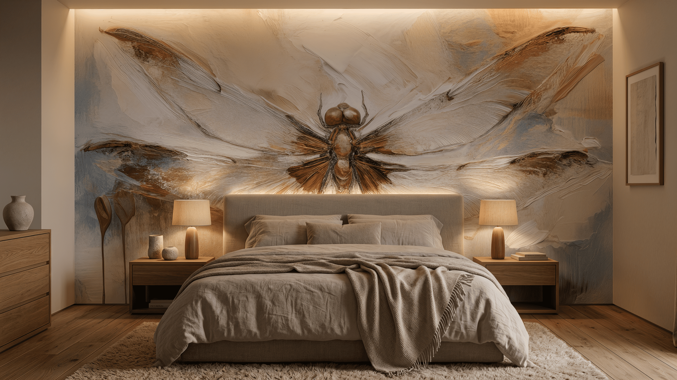 Wandkult XXL Tapetenmotiv „Libellenflug“ – Libelle in malerischer Kunstoptik in Offwhite und Beige mit braunen Akzenten, feine Textur und ruhiger Look als Statementwall hinter einem Bett in einem Badezimmer