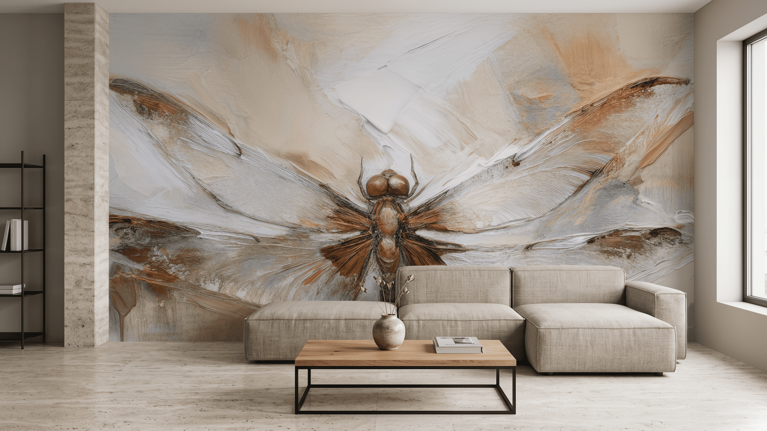 Wandkult XXL Tapetenmotiv „Libellenflug“ – Libelle in malerischer Kunstoptik in Offwhite und Beige mit braunen Akzenten, feine Textur und ruhiger Look in einem Wohnzimmer als Statement Wall und Highlight.