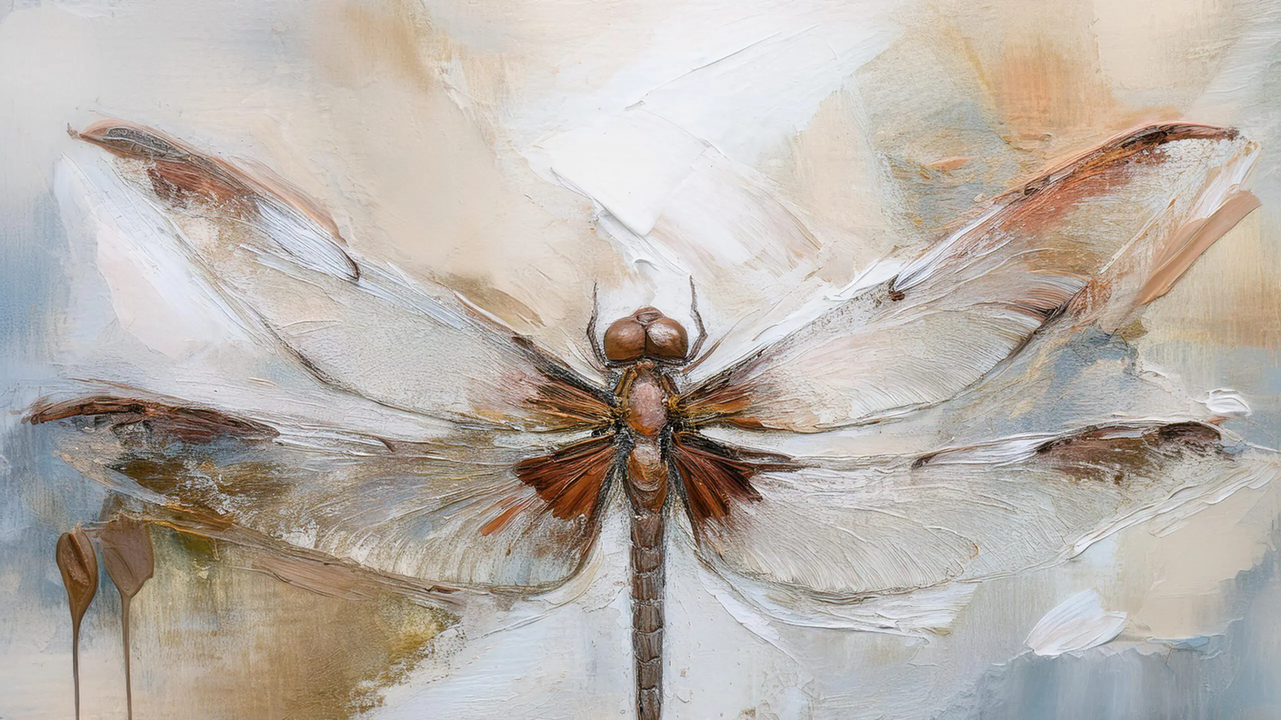 Wandkult XXL Tapetenmotiv „Libellenflug“ – Libelle in malerischer Kunstoptik in Offwhite und Beige mit braunen Akzenten, feine Textur und ruhiger Look.