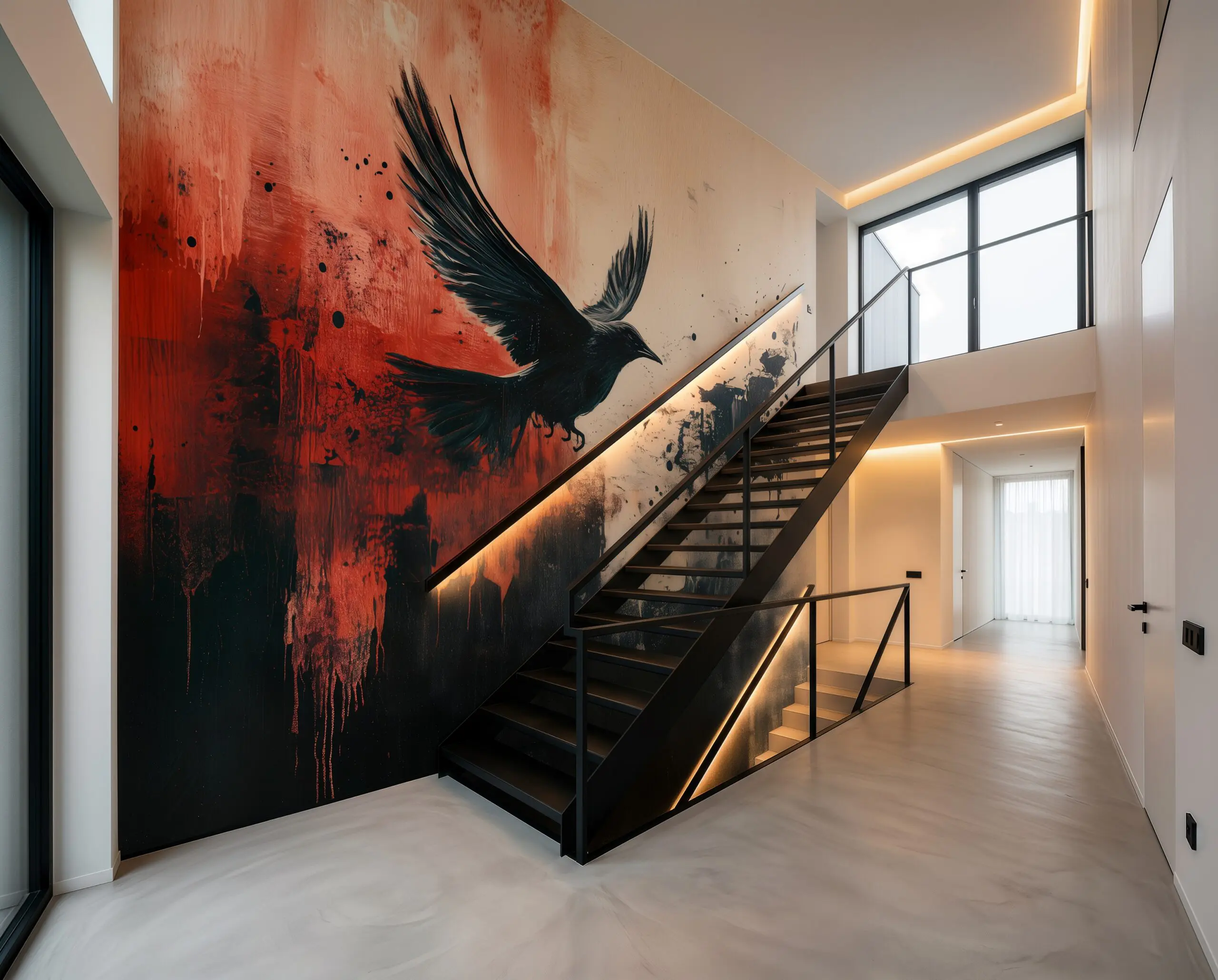 Wandkult XXL Tapetenmotiv „Rotschwinge“ – schwarzer Vogel im Flug vor Rot und Offwhite mit urbaner Patina, Sprenkel-Textur und starkem Kontrast im Flur