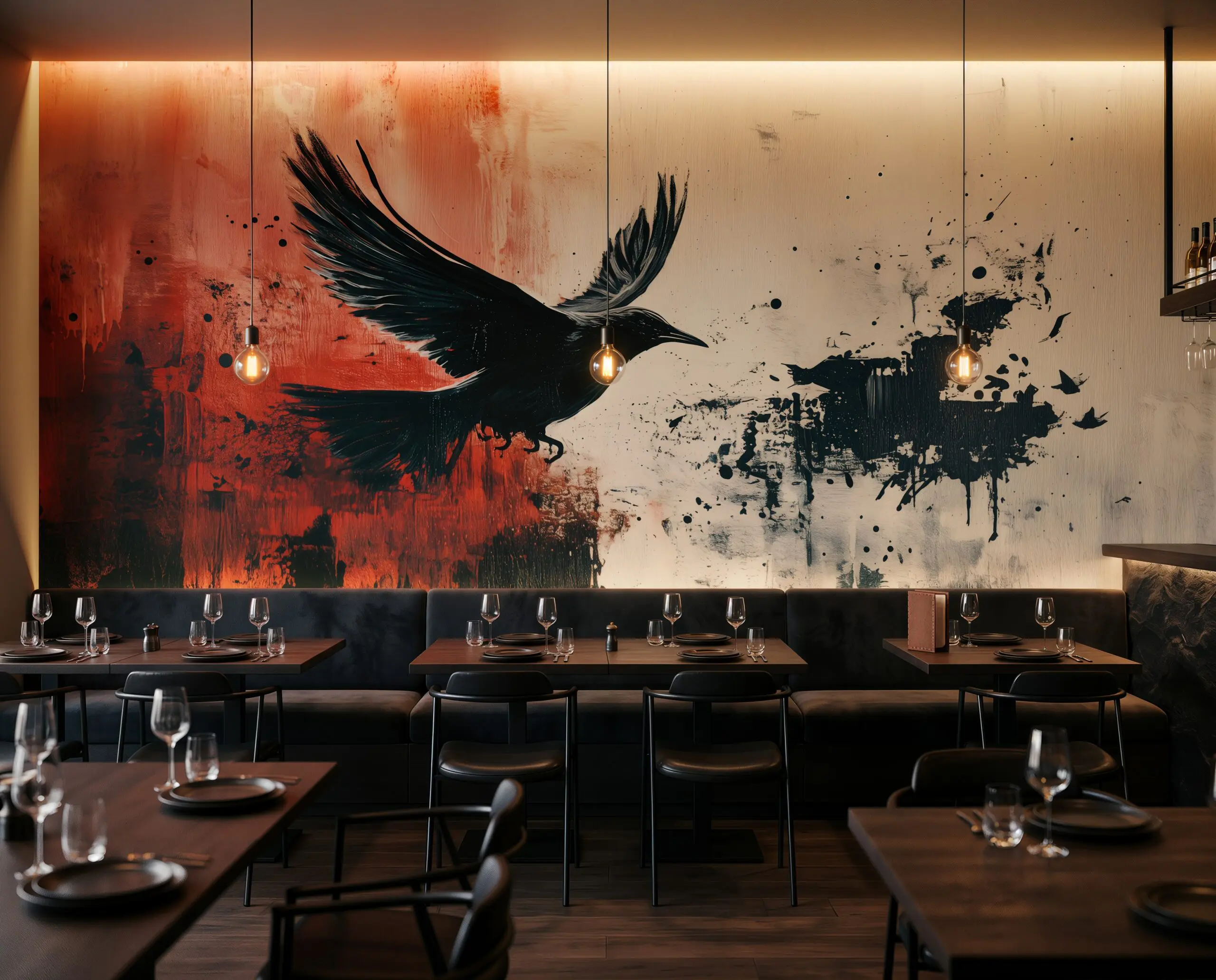 Wandkult XXL Tapetenmotiv „Rotschwinge“ – schwarzer Vogel im Flug vor Rot und Offwhite mit urbaner Patina, Sprenkel-Textur und starkem Kontrast im Restaurant