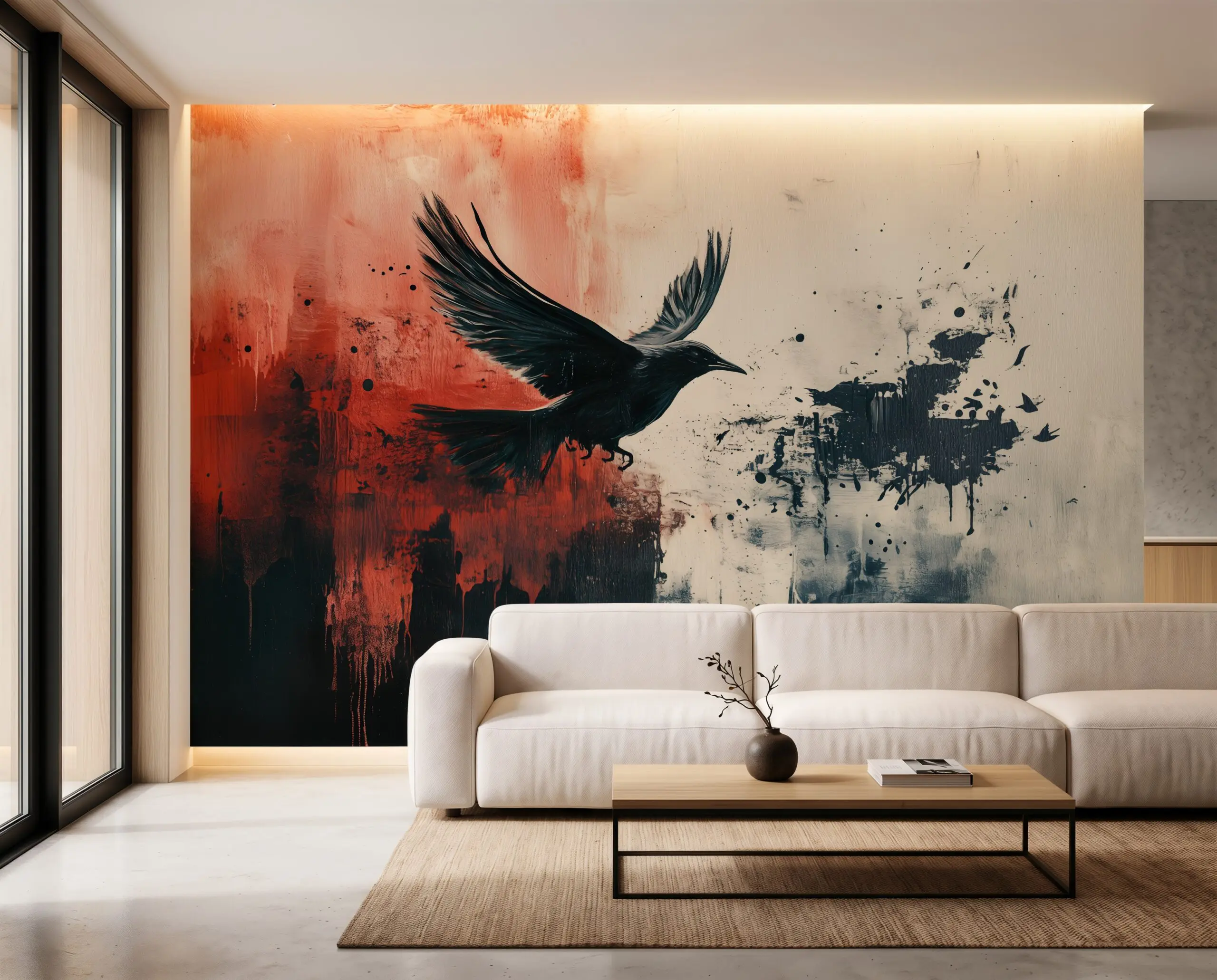 Wandkult XXL Tapetenmotiv „Rotschwinge“ – schwarzer Vogel im Flug vor Rot und Offwhite mit urbaner Patina, Sprenkel-Textur und starkem Kontrast im Wohnzimmer