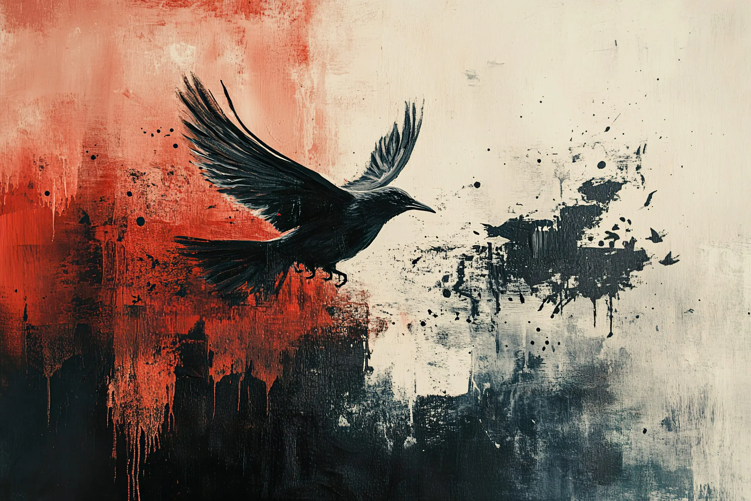 Wandkult XXL Tapetenmotiv „Rotschwinge“ – schwarzer Vogel im Flug vor Rot und Offwhite mit urbaner Patina, Sprenkel-Textur und starkem Kontrast.