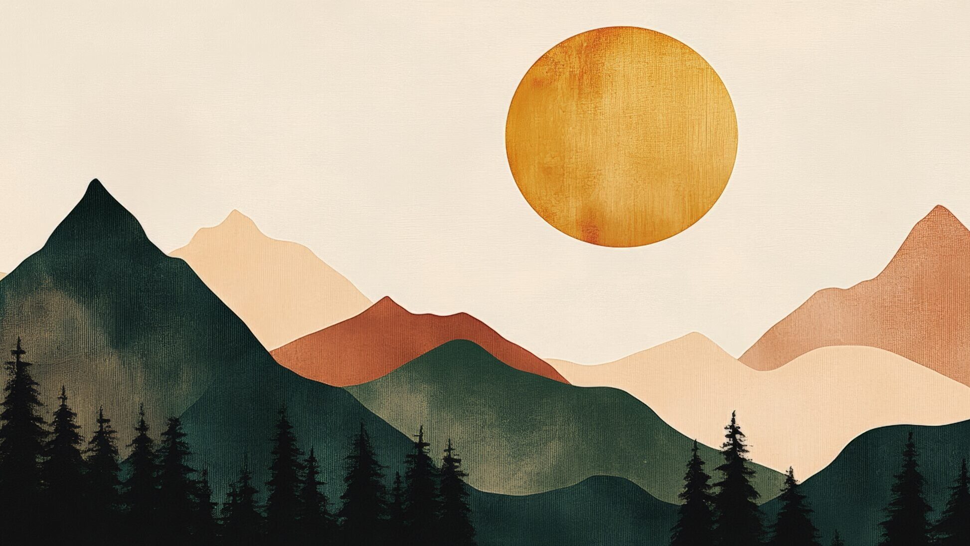 Wandkult XXL Tapetenmotiv „Sonnengebirge“ – stilisierte Berglandschaft in Grün und Ocker mit großer Sonne, Tannen-Silhouetten und hellem Offwhite-Himmel.