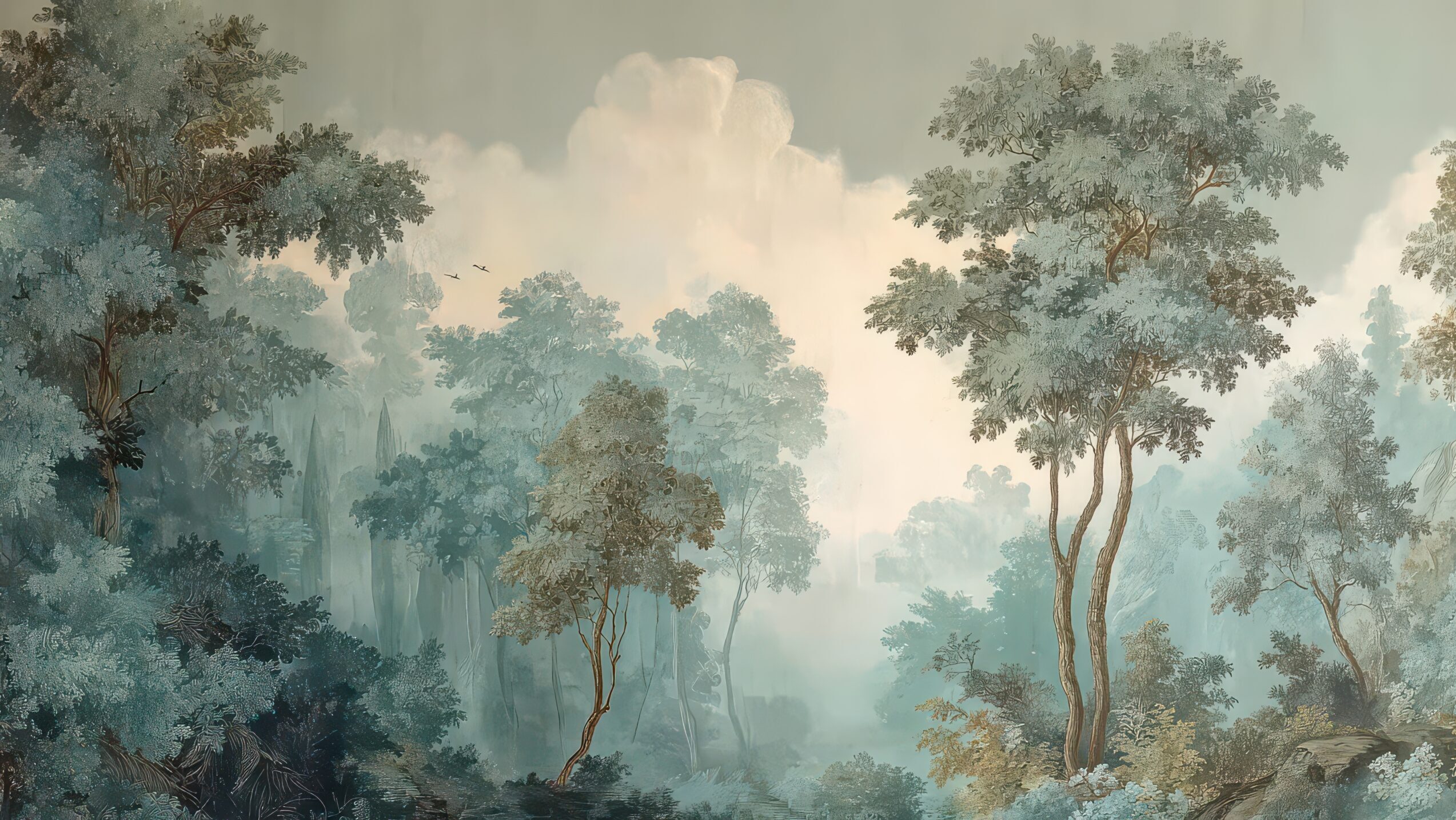 Wandkult XXL Tapetenmotiv „Waldhauch“ – neblige Waldlandschaft in Grün und Offwhite mit feinen Baumkronen, weichem Morgenlicht und ruhiger Tiefenwirkung.