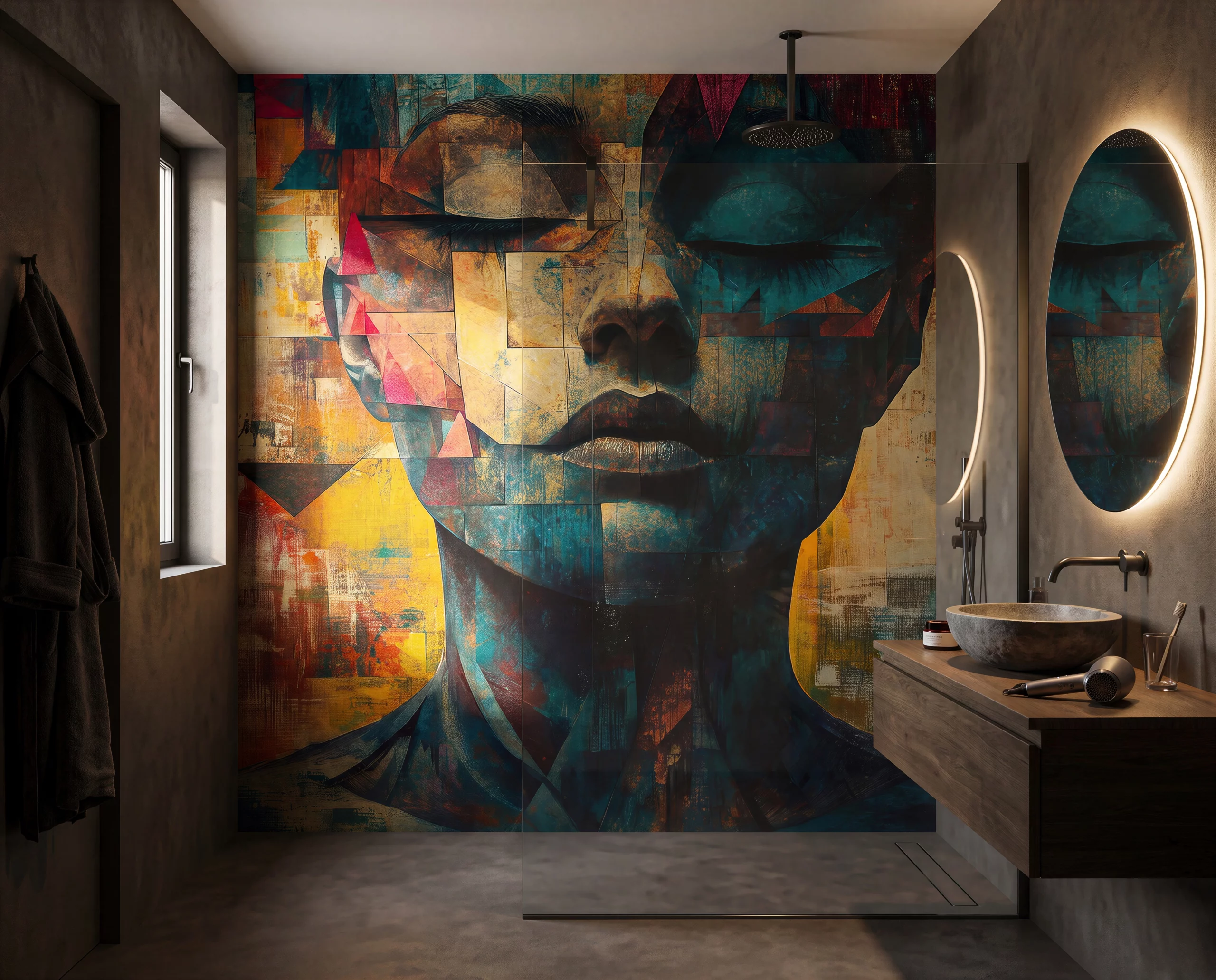 Wandkult XXL Tapetenmotiv „Splitterwerk“ – grafisches Portrait mit geometrischer Collage in Blau und Ocker, roten Akzenten und strukturierter Kunstoptik in einer Dusche