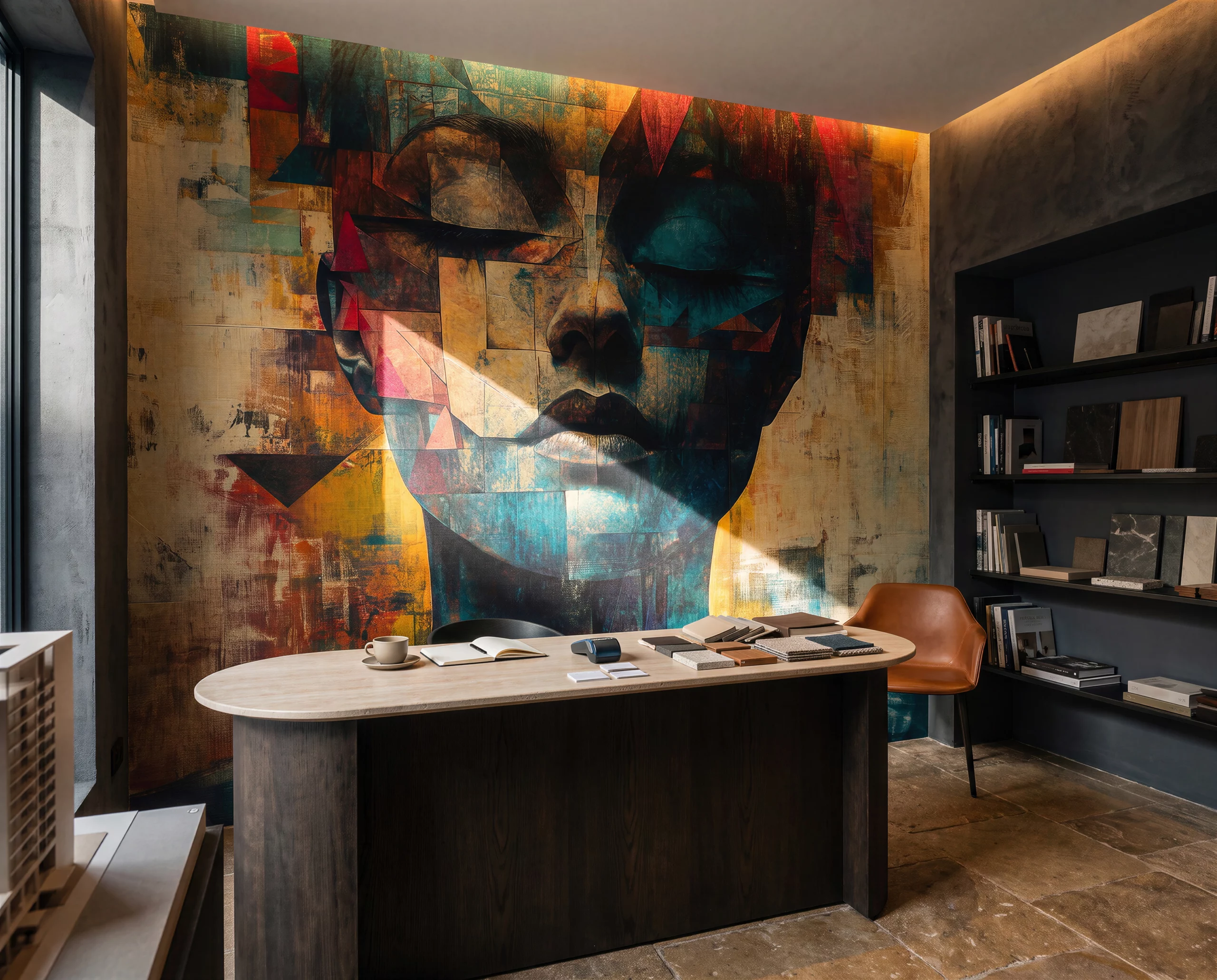 Wandkult XXL Tapetenmotiv „Splitterwerk“ – grafisches Portrait mit geometrischer Collage in Blau und Ocker, roten Akzenten und strukturierter Kunstoptik in einem Buero