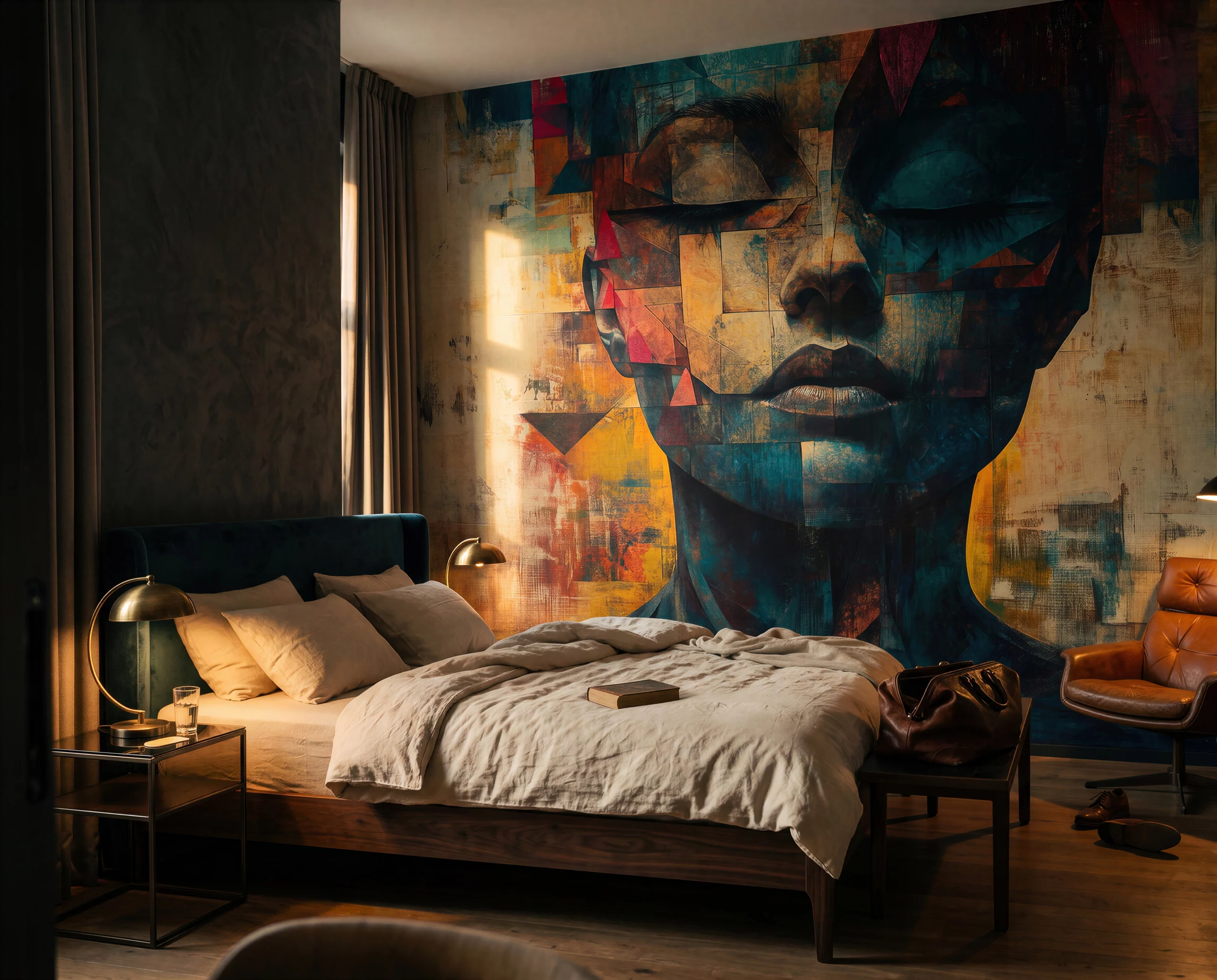 Wandkult XXL Tapetenmotiv „Splitterwerk“ – grafisches Portrait mit geometrischer Collage in Blau und Ocker, roten Akzenten und strukturierter Kunstoptik in einem Hotelzimmer