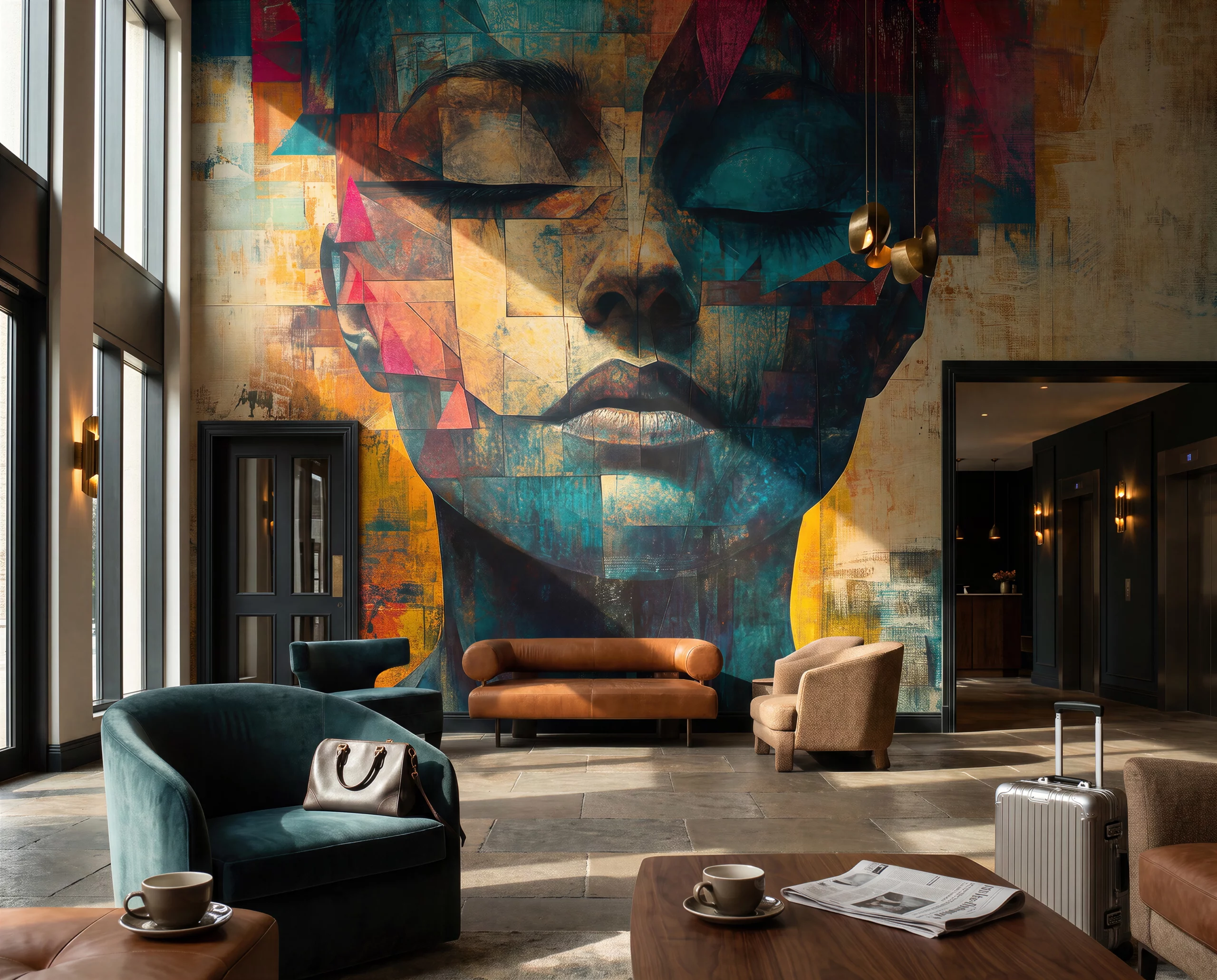 Wandkult XXL Tapetenmotiv „Splitterwerk“ – grafisches Portrait mit geometrischer Collage in Blau und Ocker, roten Akzenten und strukturierter Kunstoptik in einer Hotel Lobby