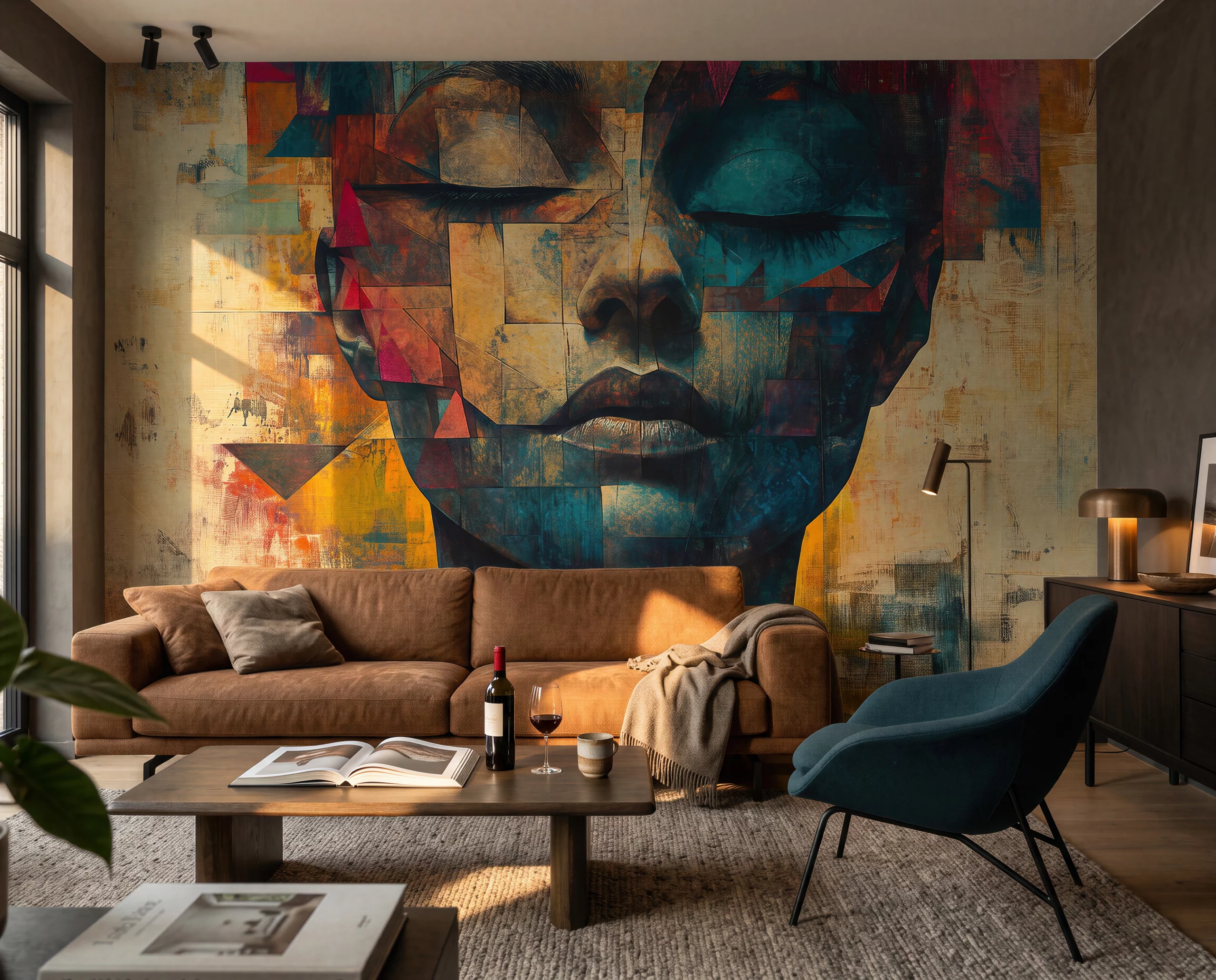 Wandkult XXL Tapetenmotiv „Splitterwerk“ – grafisches Portrait mit geometrischer Collage in Blau und Ocker, roten Akzenten und strukturierter Kunstoptik in einem Wohnzimmer