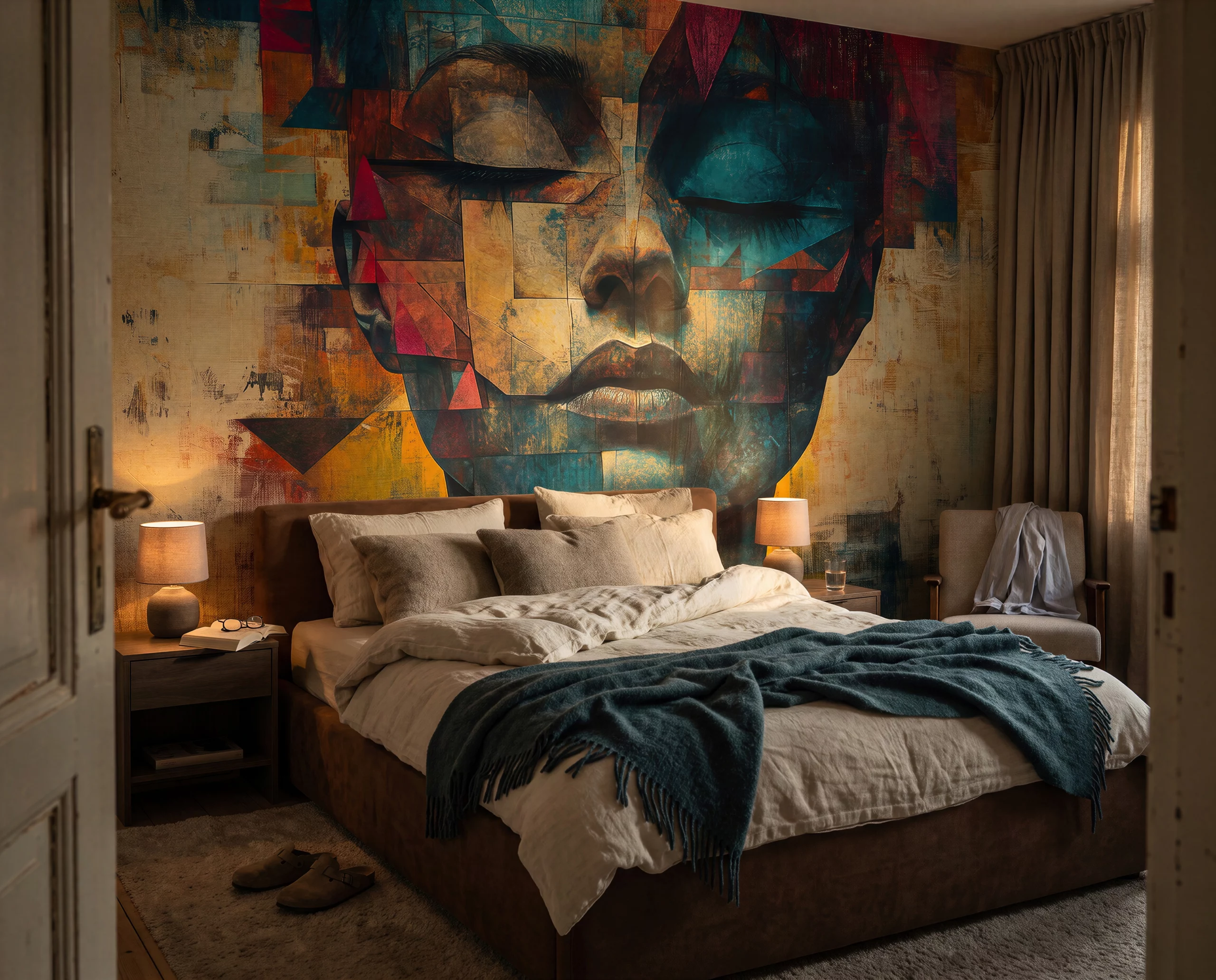 Wandkult XXL Tapetenmotiv „Splitterwerk“ – grafisches Portrait mit geometrischer Collage in Blau und Ocker, roten Akzenten und strukturierter Kunstoptik in einem Schlafzimmer