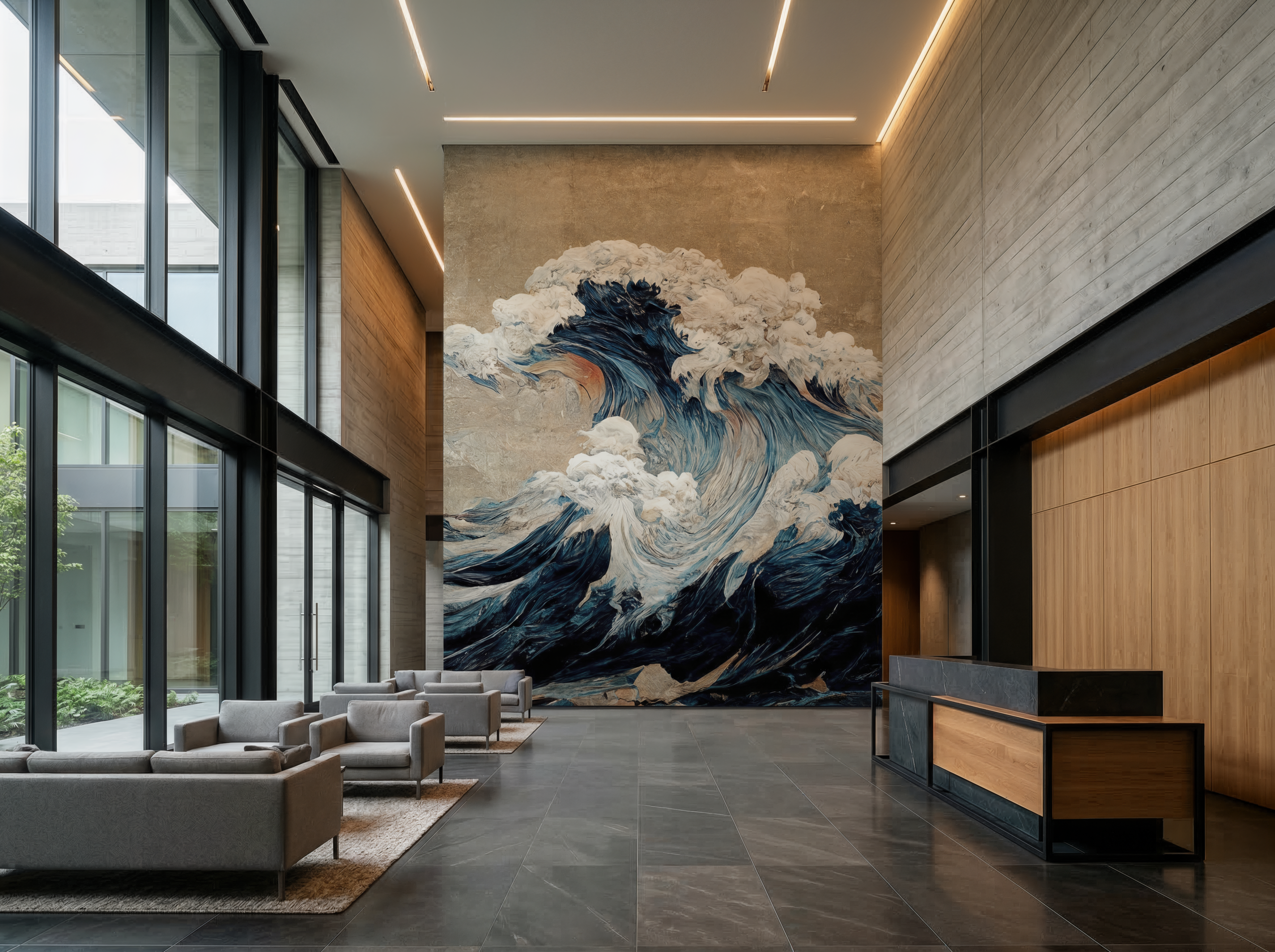 Wandkult XXL Tapetenmotiv „Sturmwellen“ – Kunstmotiv mit kraftvollen Meereswellen in Blau und Offwhite, malerische Struktur im Vintage-Look auf beigem Hintergrund in einer Hotel Lobby