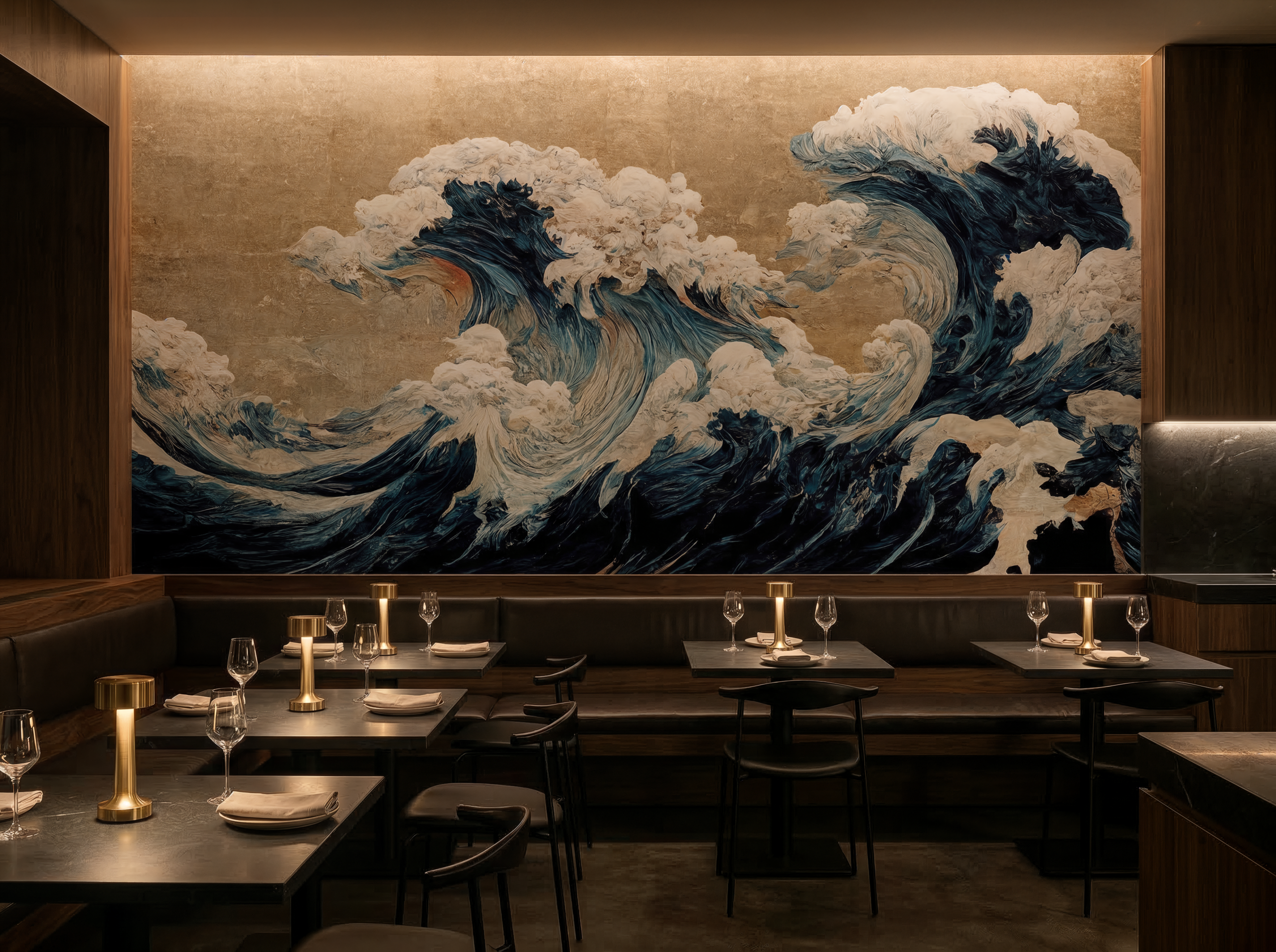 Wandkult XXL Tapetenmotiv „Sturmwellen“ – Kunstmotiv mit kraftvollen Meereswellen in Blau und Offwhite, malerische Struktur im Vintage-Look auf beigem Hintergrund in einem Restaurante