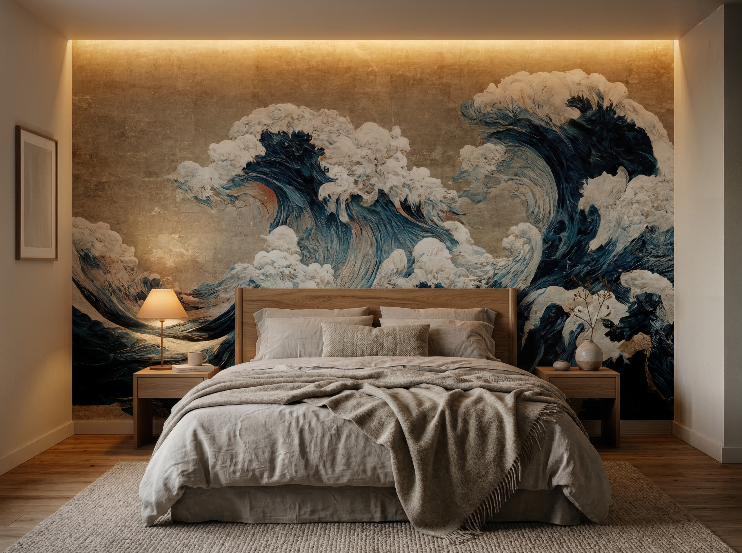 Wandkult XXL Tapetenmotiv „Sturmwellen“ – Kunstmotiv mit kraftvollen Meereswellen in Blau und Offwhite, malerische Struktur im Vintage-Look auf beigem Hintergrund in einem Schlafzimmer