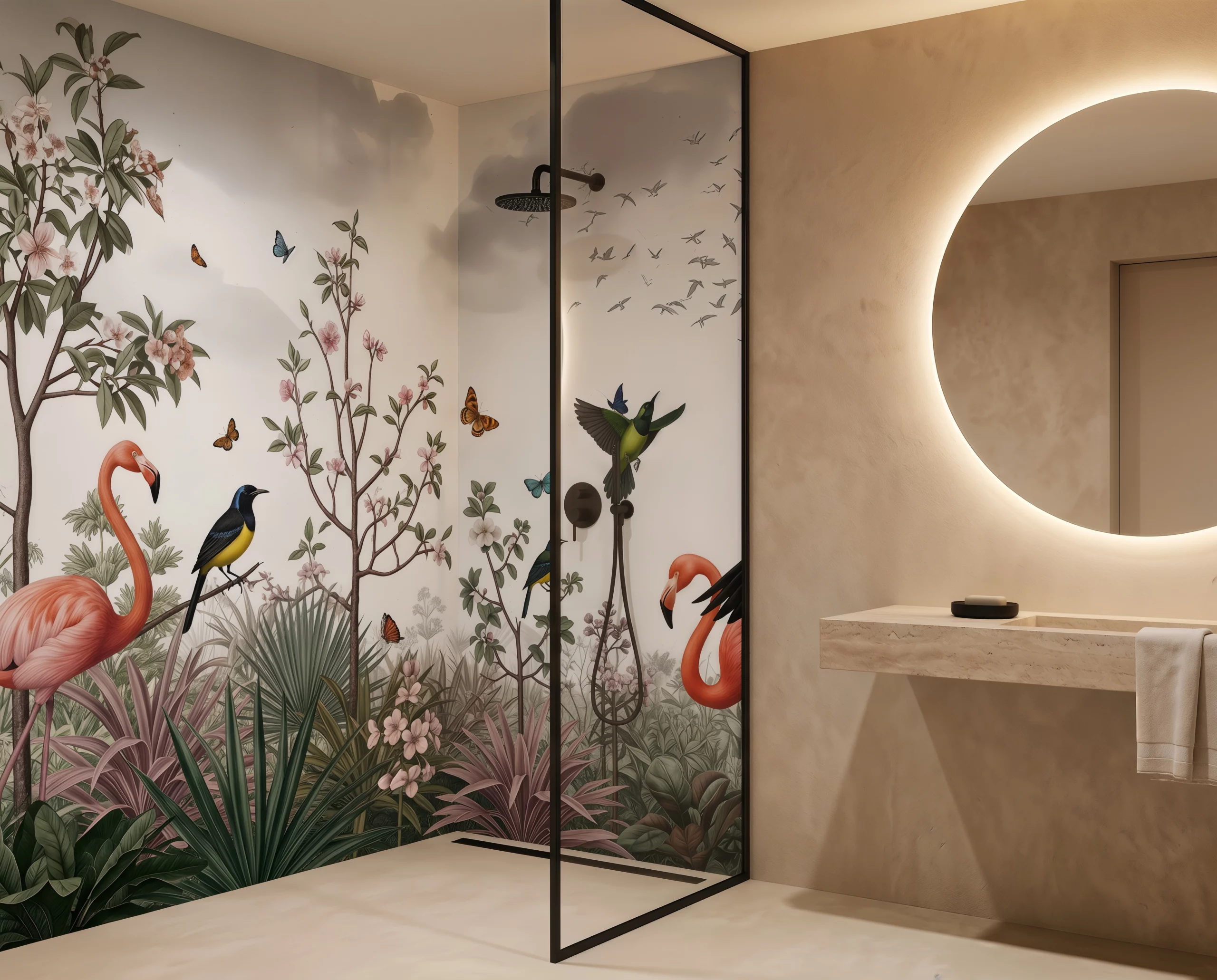 Wandkult XXL Tapetenmotiv „Flamingogarten“ – tropisches Tiermotiv mit Flamingos, Kolibri, Vögeln, Schmetterlingen und Blüten in Grün und Rosa auf hellem Hintergrund im Badezimmer Dusche