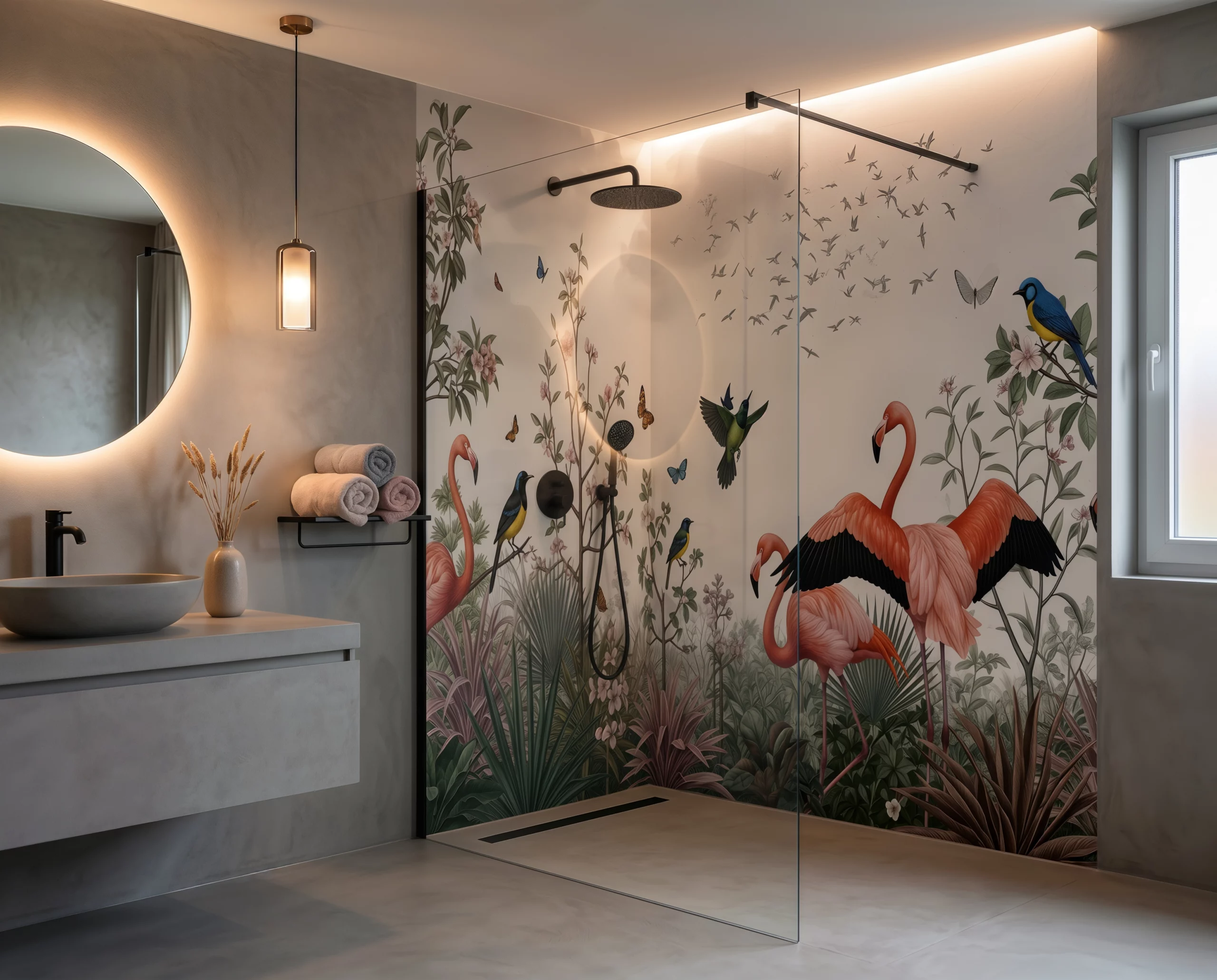 Wandkult XXL Tapetenmotiv „Flamingogarten“ – tropisches Tiermotiv mit Flamingos, Kolibri, Vögeln, Schmetterlingen und Blüten in Grün und Rosa auf hellem Hintergrund im Nassbereich Dusche