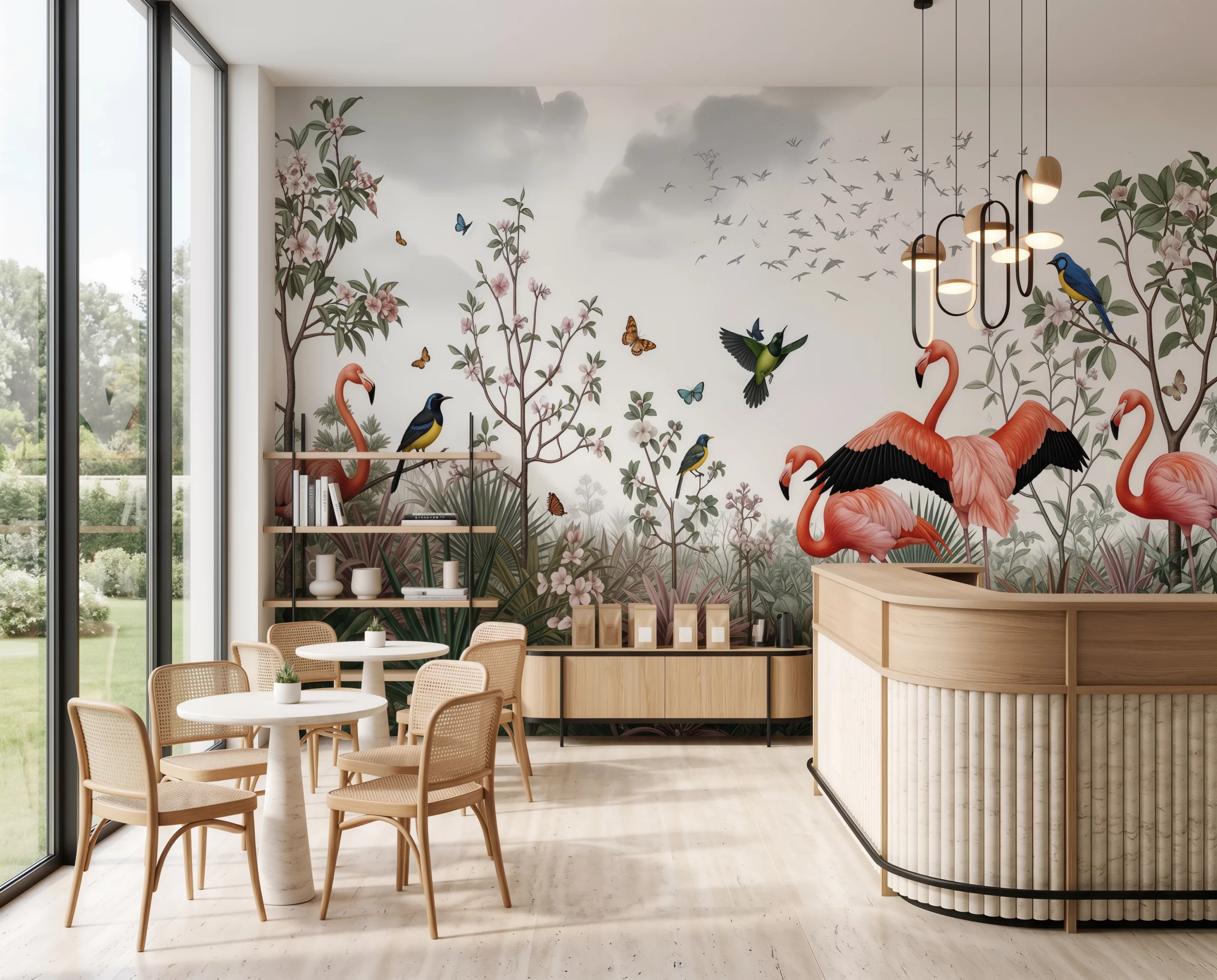 Wandkult XXL Tapetenmotiv „Flamingogarten“ – tropisches Tiermotiv mit Flamingos, Kolibri, Vögeln, Schmetterlingen und Blüten in Grün und Rosa auf hellem Hintergrund im Cafe Gastronomie