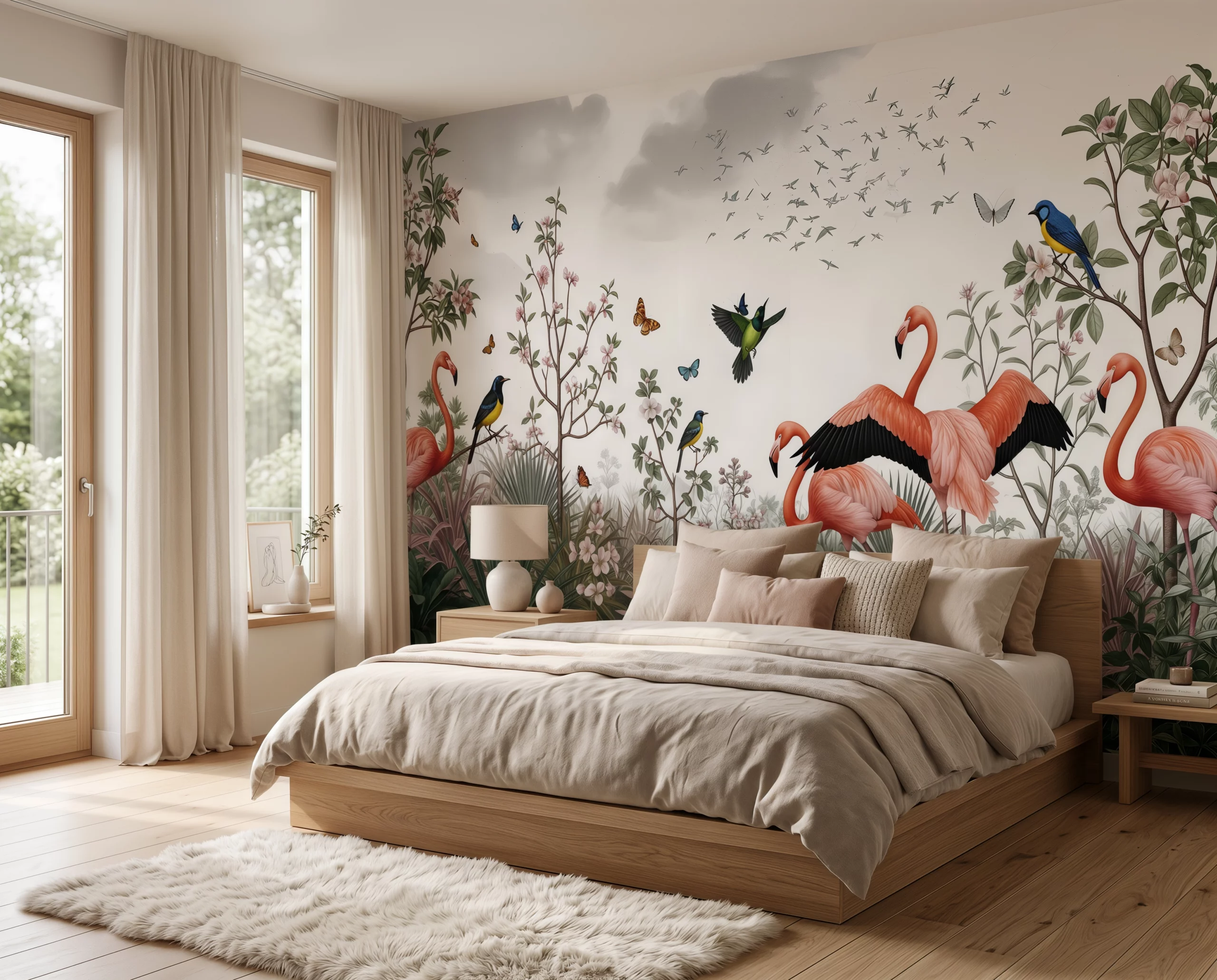 Wandkult XXL Tapetenmotiv „Flamingogarten“ – tropisches Tiermotiv mit Flamingos, Kolibri, Vögeln, Schmetterlingen und Blüten in Grün und Rosa auf hellem Hintergrund im Schlafzimmer