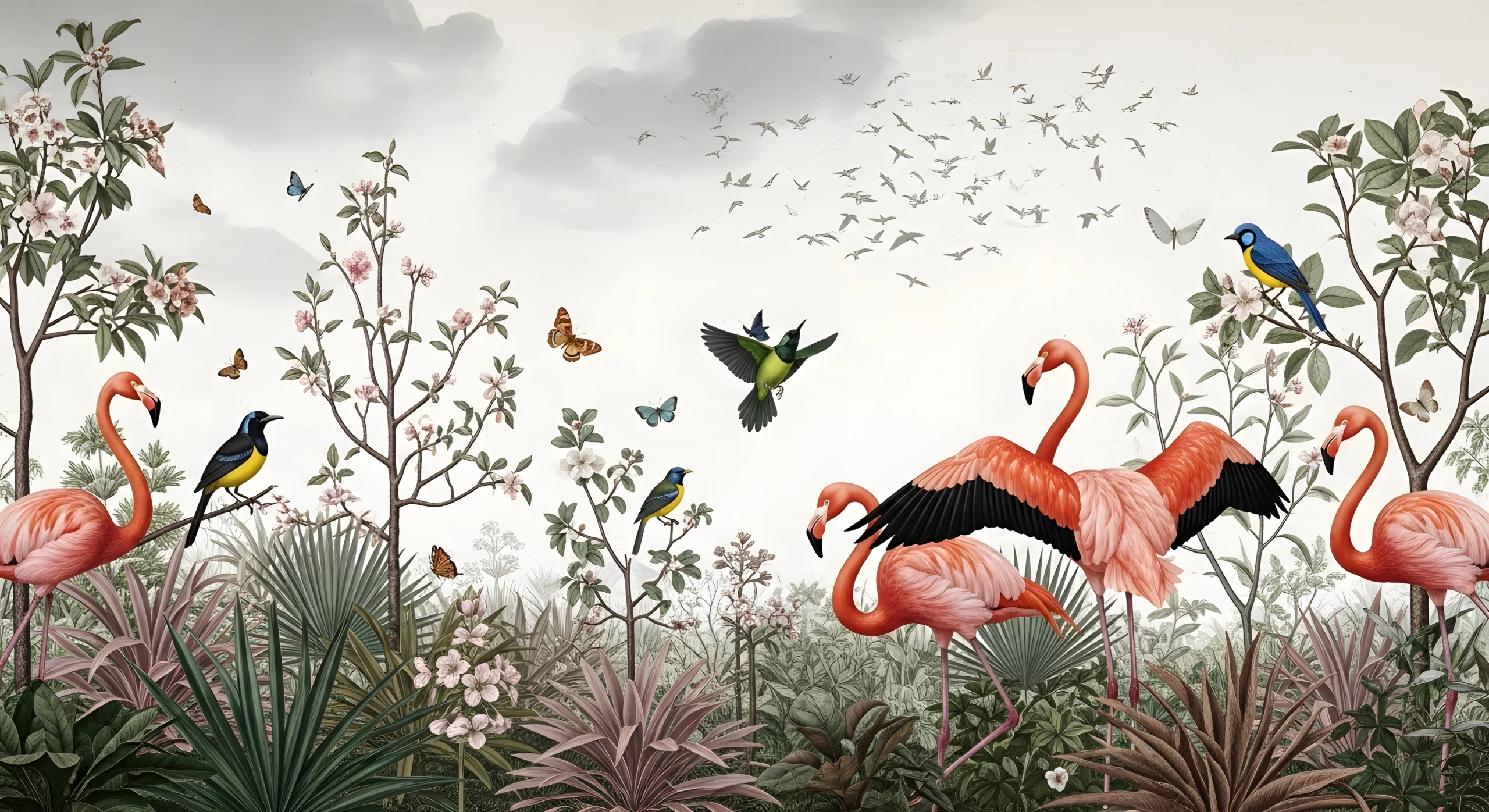 Wandkult XXL Tapetenmotiv „Flamingogarten“ – tropisches Tiermotiv mit Flamingos, Kolibri, Vögeln, Schmetterlingen und Blüten in Grün und Rosa auf hellem Hintergrund.