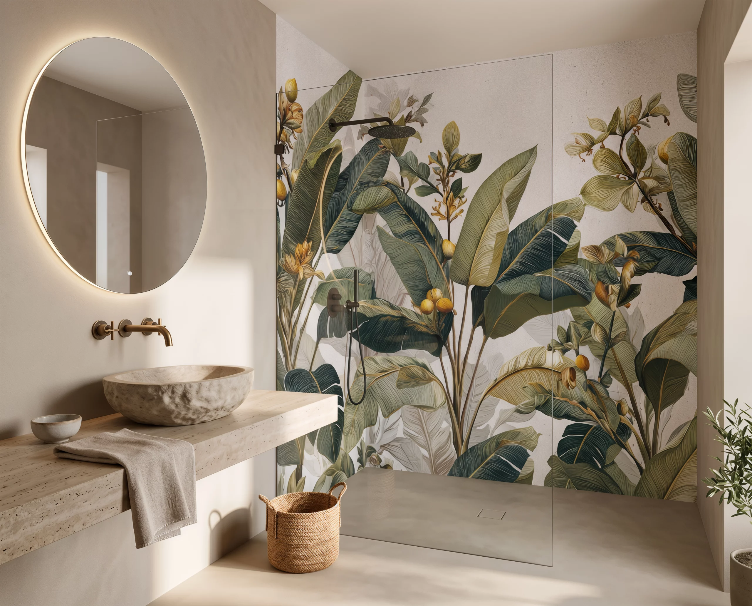 Wandkult XXL Tapetenmotiv „Blättergold“ – florales Motiv mit tropischen Blättern in Grün und goldenen Blütenakzenten auf hellem Offwhite-Hintergrund im Nassbereich in der Dusche