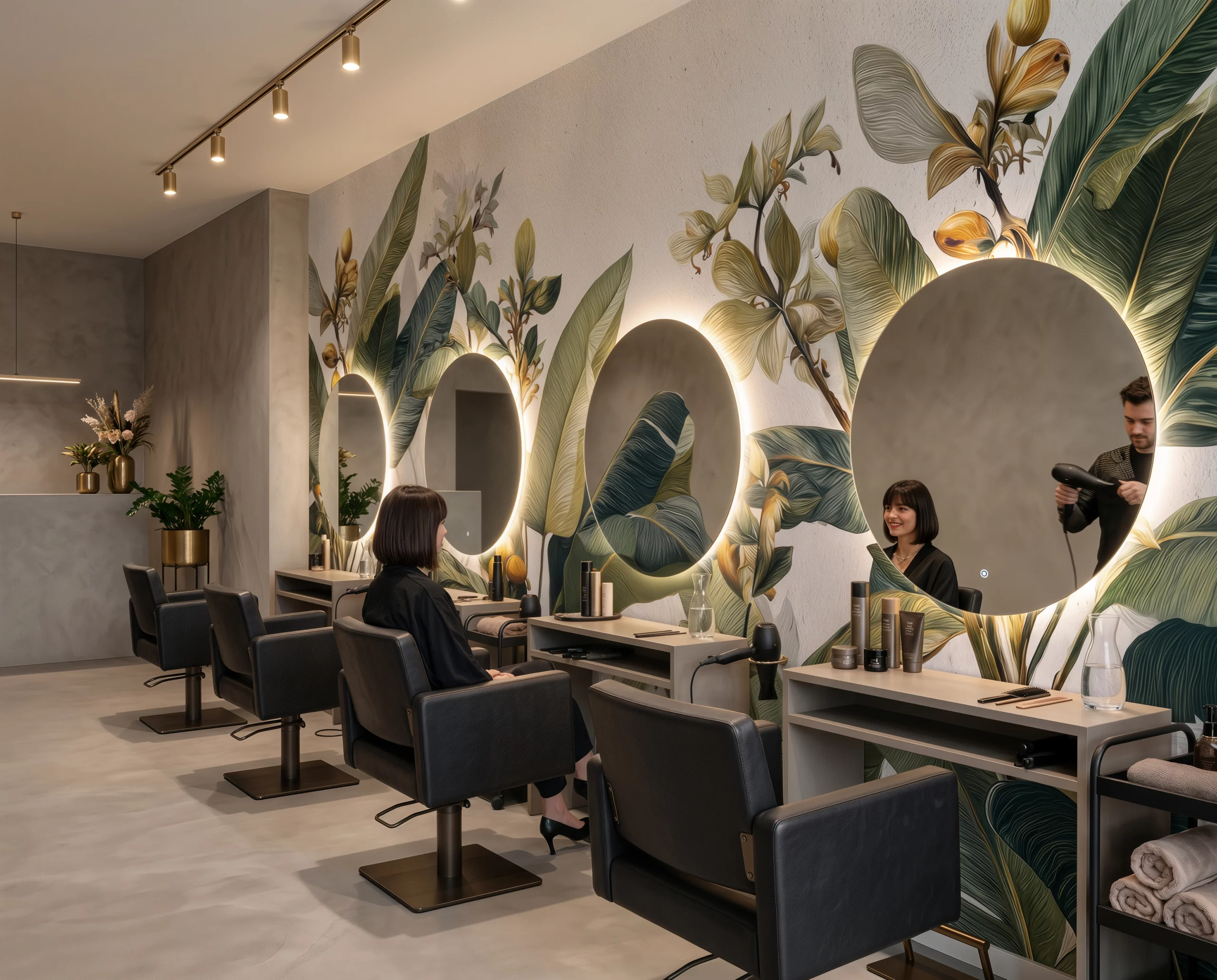 Wandkult XXL Tapetenmotiv „Blättergold“ – florales Motiv mit tropischen Blättern in Grün und goldenen Blütenakzenten auf hellem Offwhite-Hintergrund in einem Friseur Salon