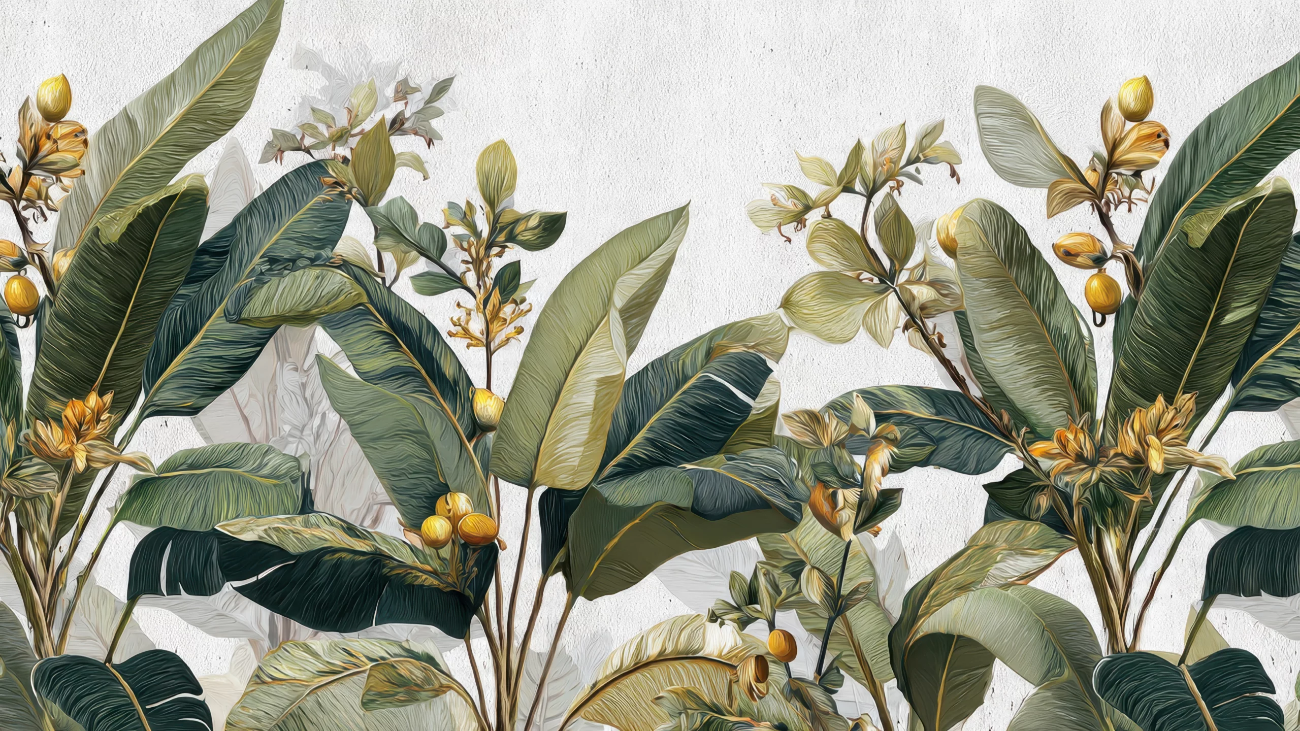 Wandkult XXL Tapetenmotiv „Blättergold“ – florales Motiv mit tropischen Blättern in Grün und goldenen Blütenakzenten auf hellem Offwhite-Hintergrund.