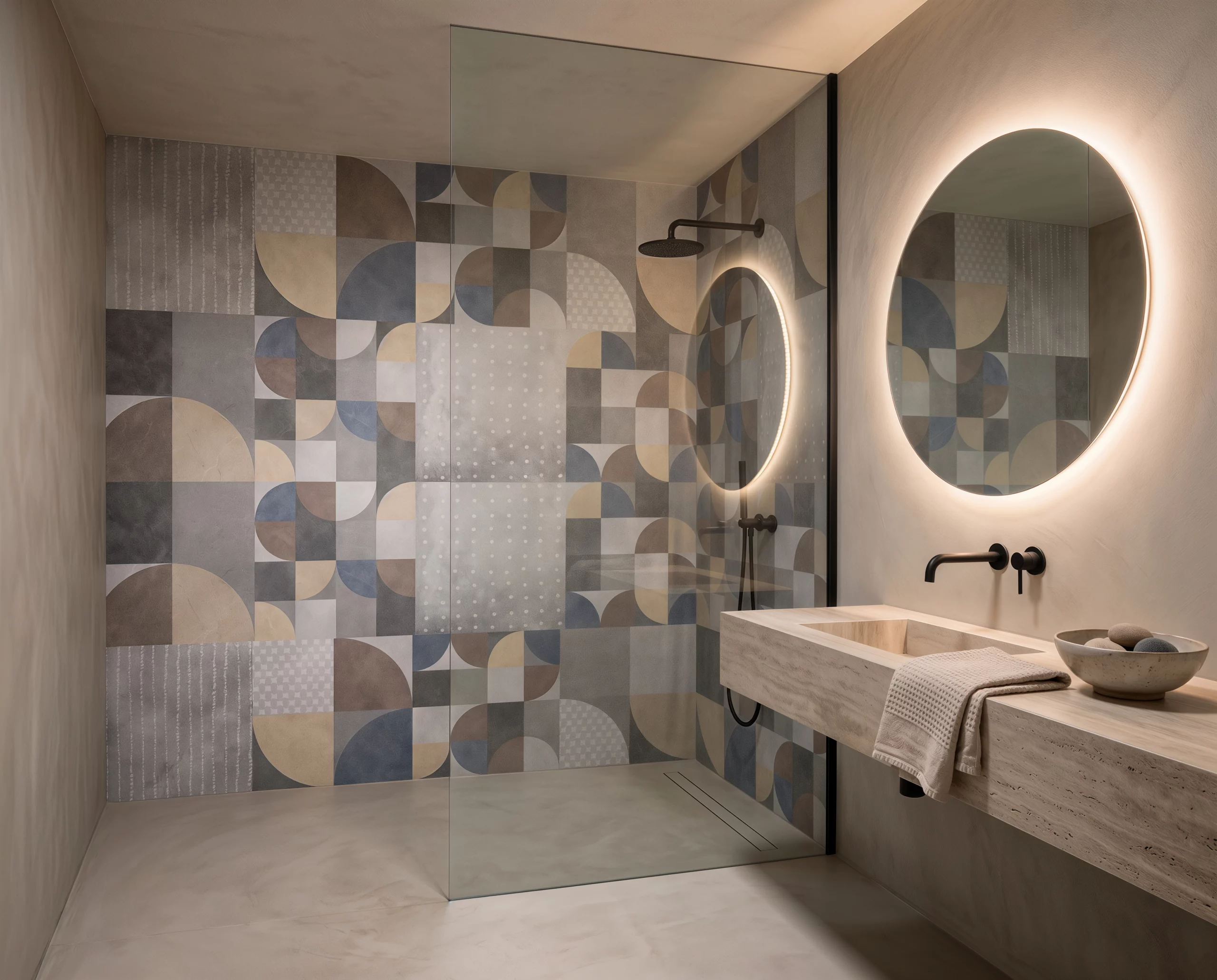 Wandkult XXL Tapetenmotiv „Kreisbogen“ – geometrisches Design mit Kreisen, Halbkreisen und Flächen in Grau, Blau und Beige auf strukturierter Beton-Optik in einer Dusche im Badezimmer Nassbereich