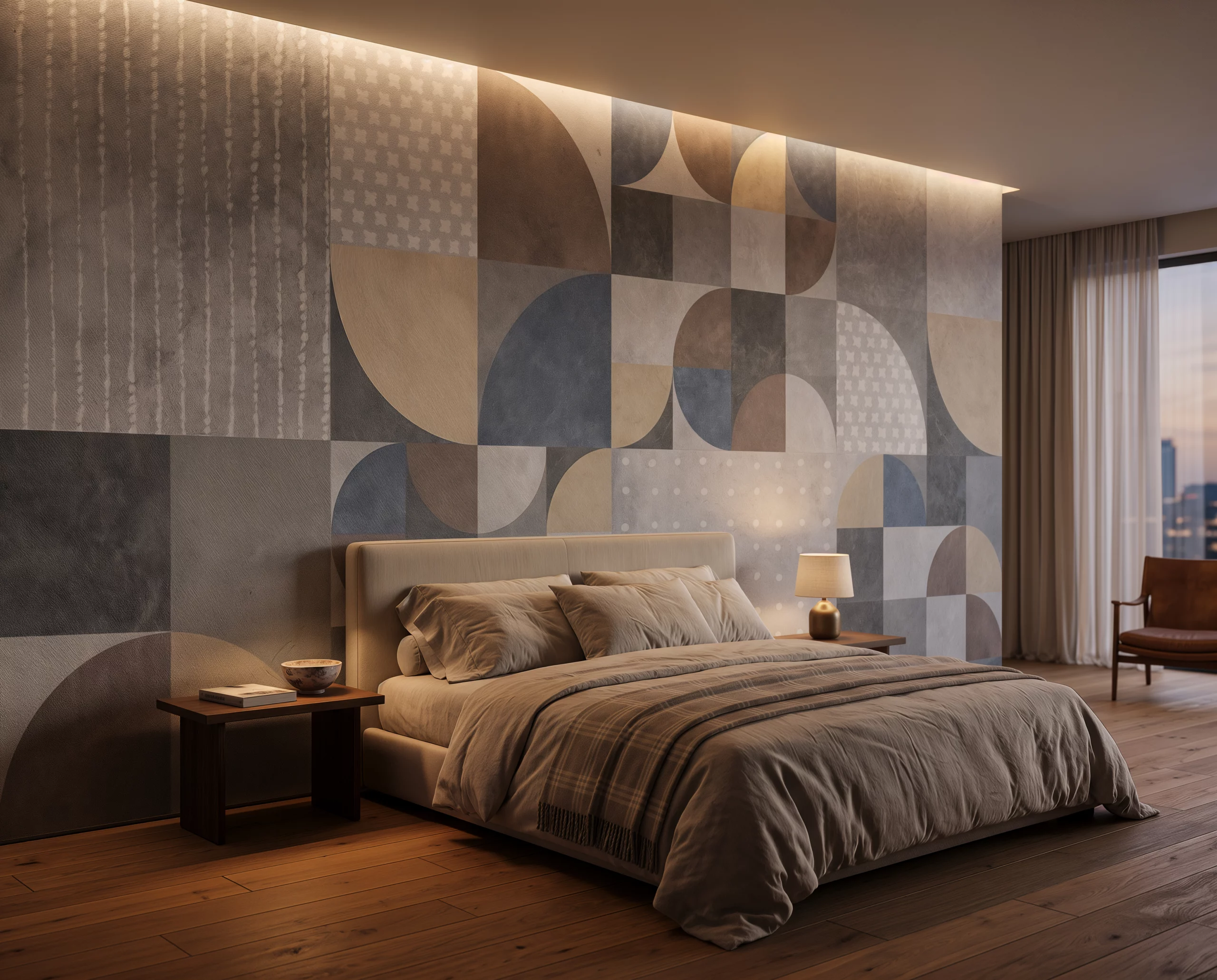 Wandkult XXL Tapetenmotiv „Kreisbogen“ – geometrisches Design mit Kreisen, Halbkreisen und Flächen in Grau, Blau und Beige auf strukturierter Beton-Optik in einem Hotelzimmer oder Schlafzimmer