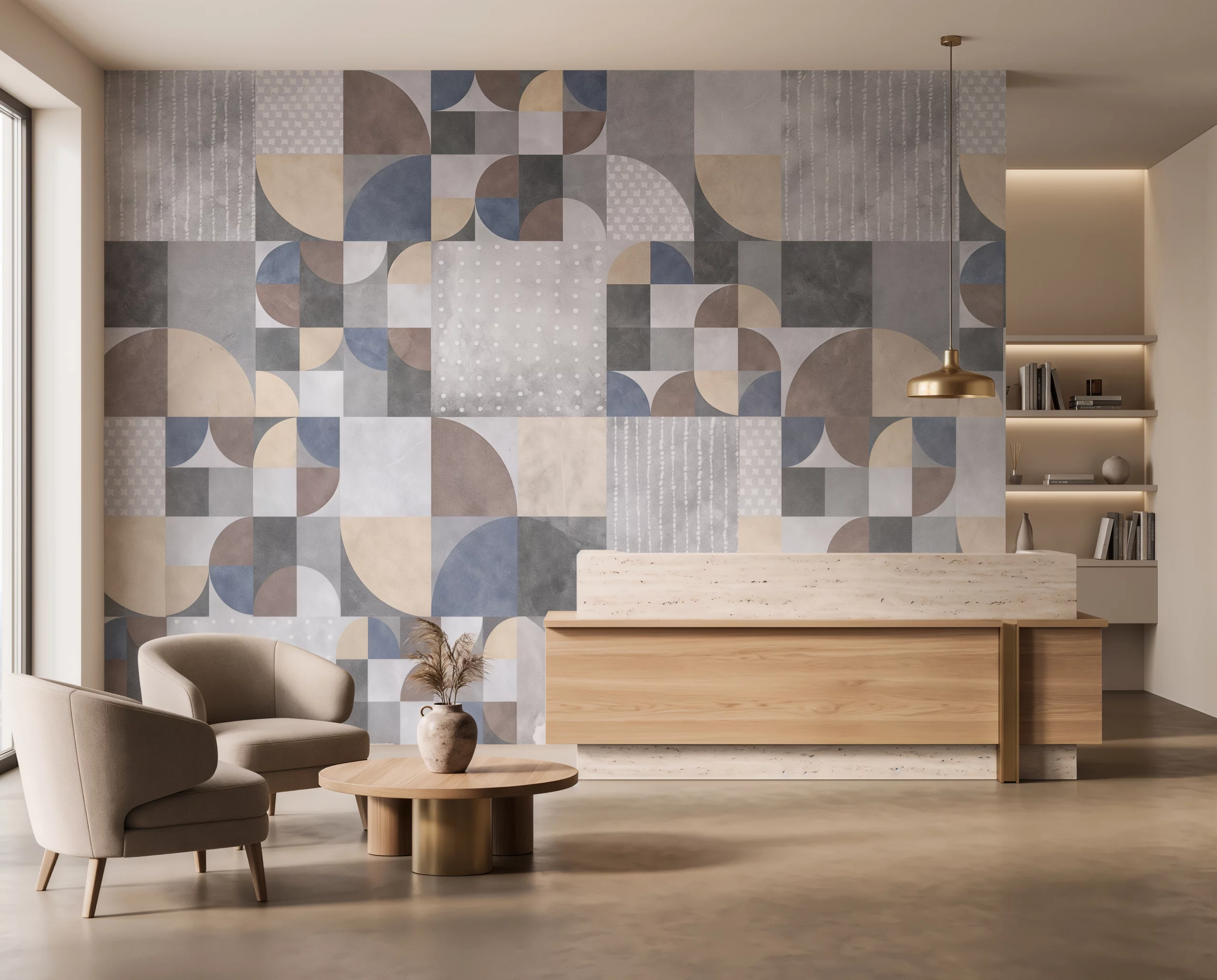 Wandkult XXL Tapetenmotiv „Kreisbogen“ – geometrisches Design mit Kreisen, Halbkreisen und Flächen in Grau, Blau und Beige auf strukturierter Beton-Optik in einer Rezeption