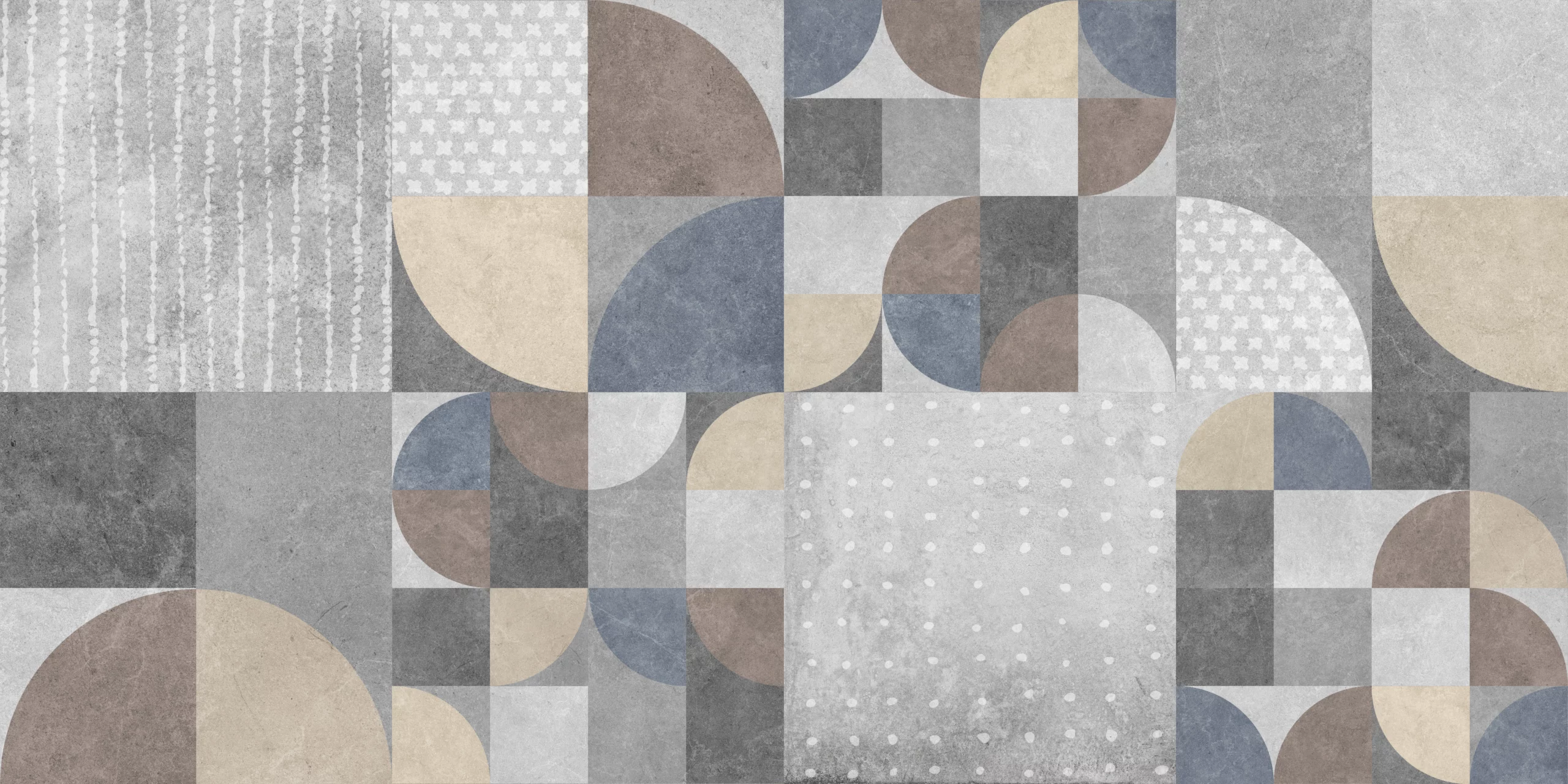 Wandkult XXL Tapetenmotiv „Kreisbogen“ – geometrisches Design mit Kreisen, Halbkreisen und Flächen in Grau, Blau und Beige auf strukturierter Beton-Optik.