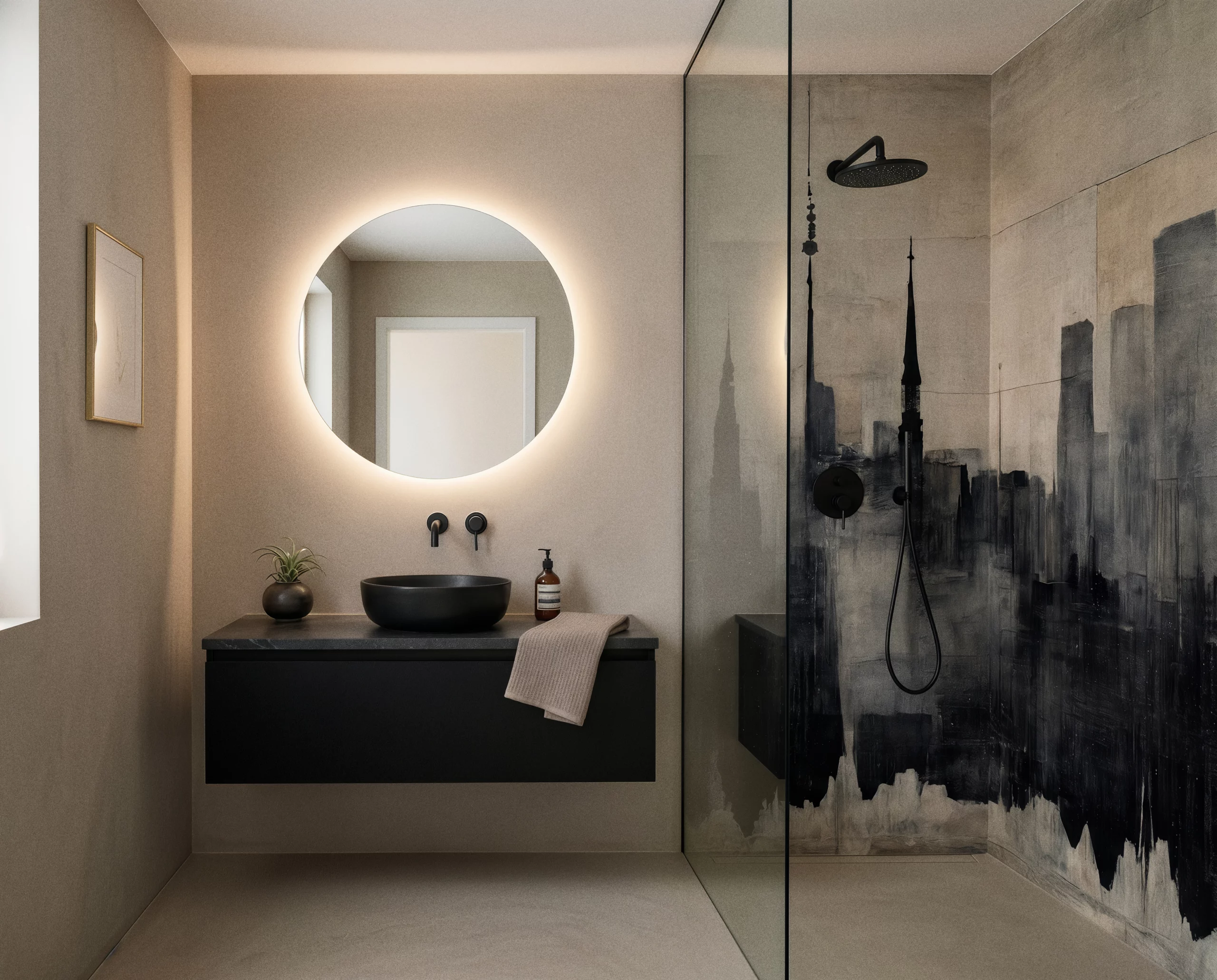 Wandkult XXL Tapetenmotiv „Stadtsilhouette“ – abstrakte Skyline in Grau und Schwarz auf hellem Hintergrund, urbanes Kunstmotiv mit Beton-Textur und malerischer Tiefe in der Dusche Nassbereich