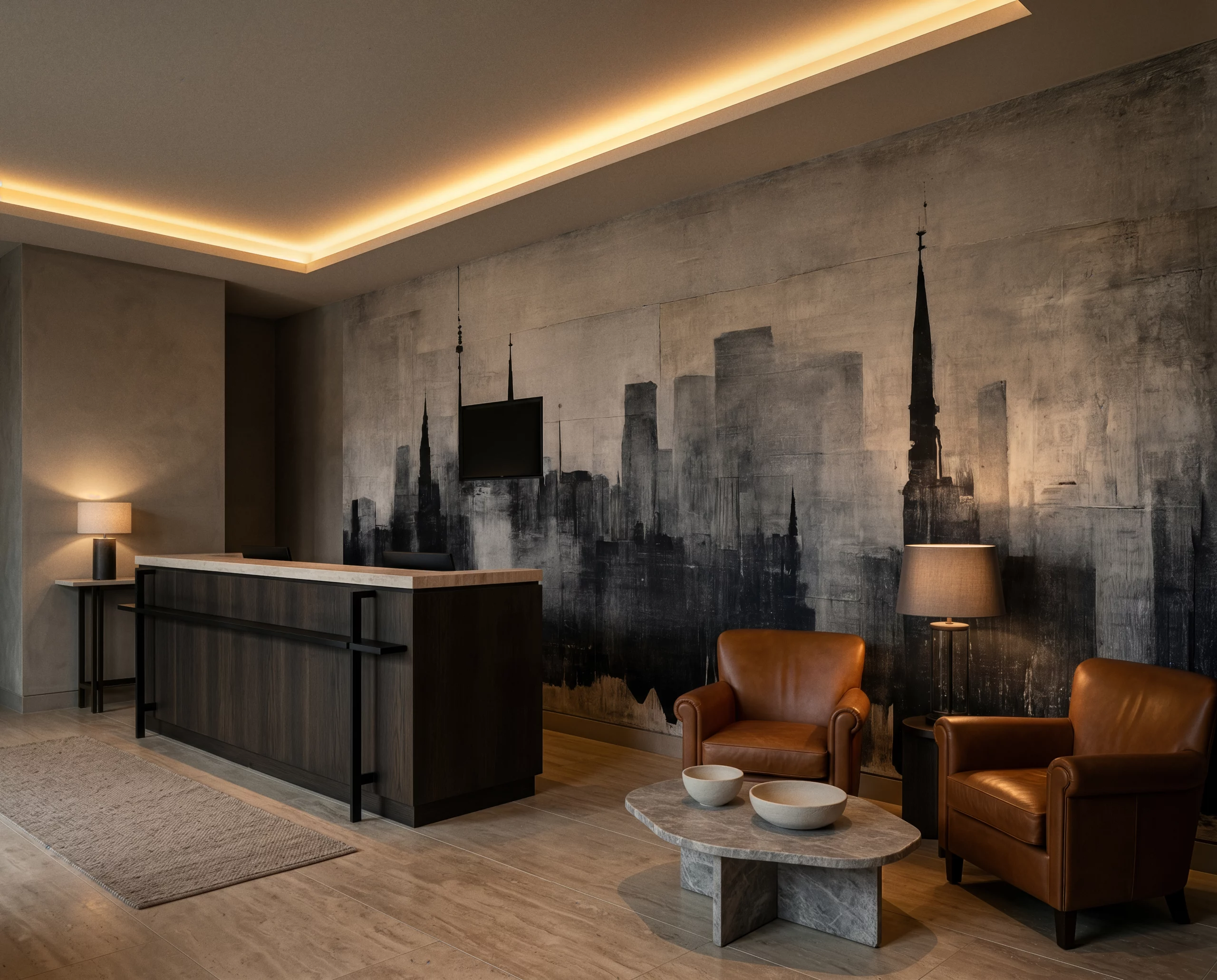 Wandkult XXL Tapetenmotiv „Stadtsilhouette“ – abstrakte Skyline in Grau und Schwarz auf hellem Hintergrund, urbanes Kunstmotiv mit Beton-Textur und malerischer Tiefe in einer Hotel Lobby