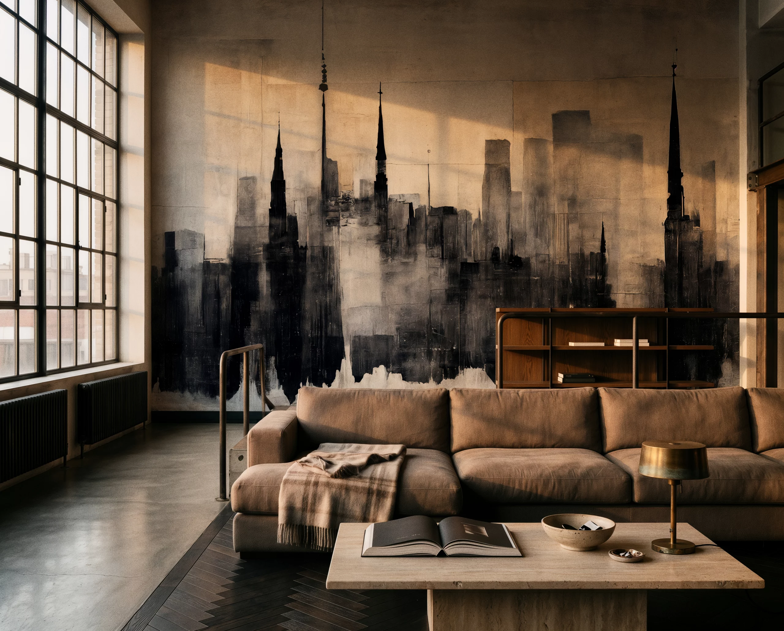 Wandkult XXL Tapetenmotiv „Stadtsilhouette“ – abstrakte Skyline in Grau und Schwarz auf hellem Hintergrund, urbanes Kunstmotiv mit Beton-Textur und malerischer Tiefe im Wohnzimmer