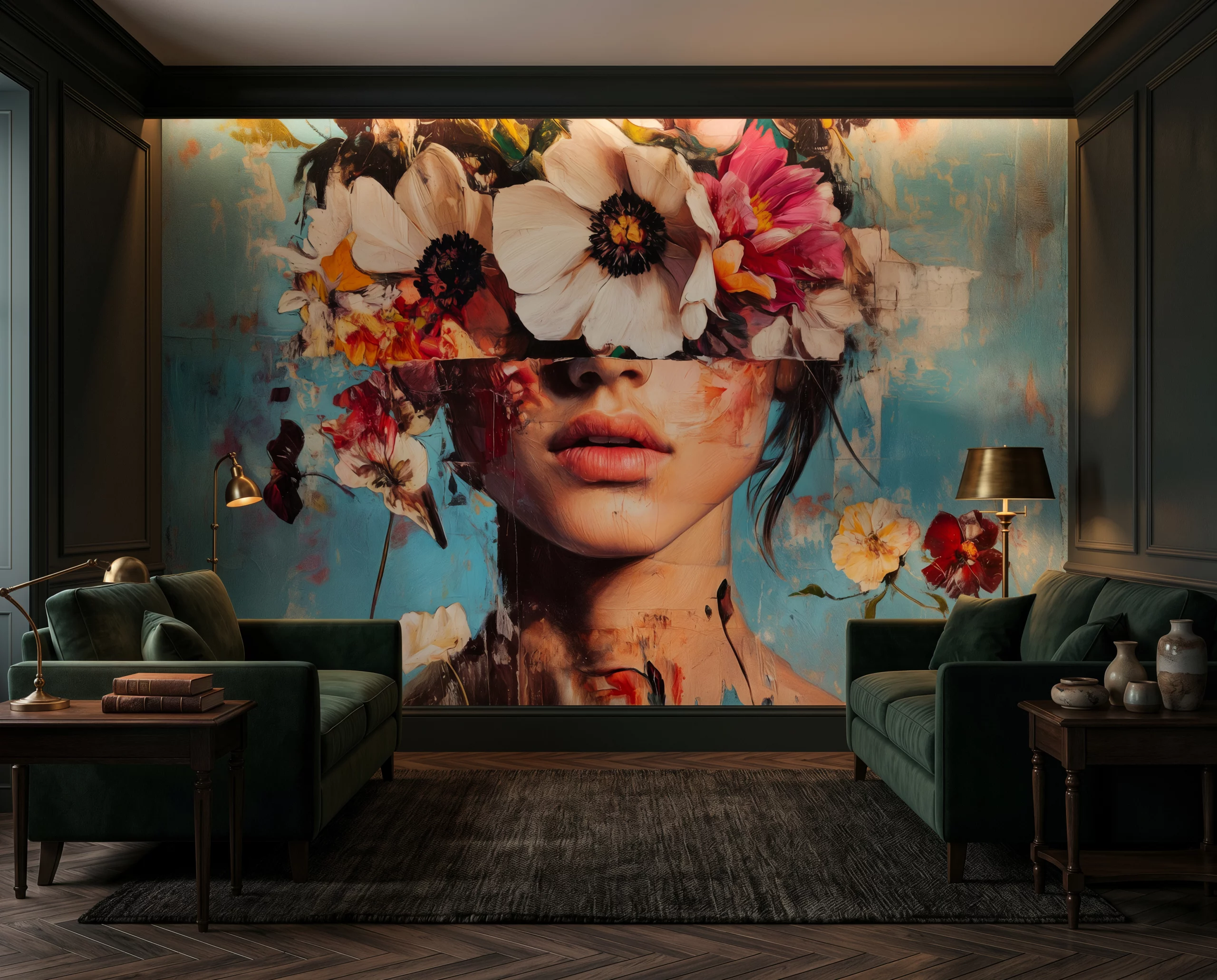 Wandkult XXL Tapetenmotiv „Blütenblick“ – florales Portrait mit verdeckten Augen, großen Blüten und blauem Hintergrund, LaGa Sonder-Edition inspiriert von der Landesgartenschau Leinefelde-Worbis in einer Lobby oder Salon