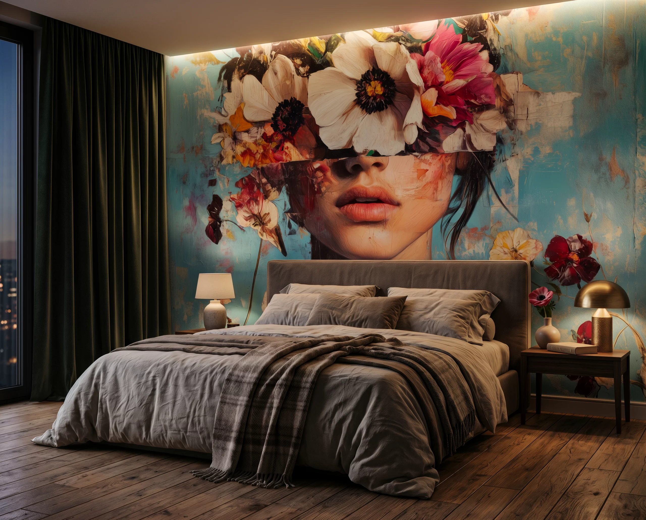 Wandkult XXL Tapetenmotiv „Blütenblick“ – florales Portrait mit verdeckten Augen, großen Blüten und blauem Hintergrund, LaGa Sonder-Edition inspiriert von der Landesgartenschau Leinefelde-Worbis in einem Schlafzimmer