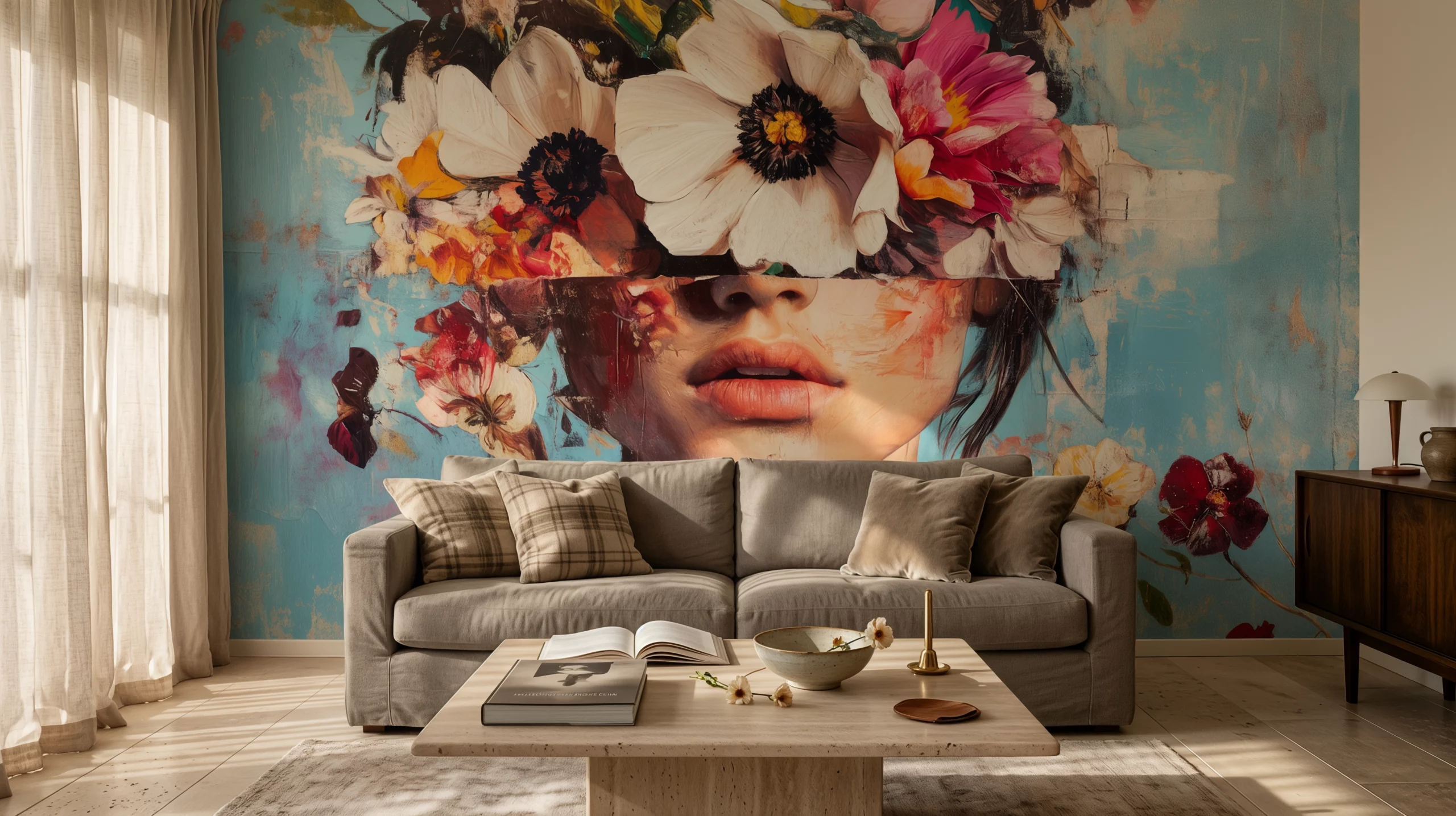 Wandkult XXL Tapetenmotiv „Blütenblick“ – florales Portrait mit verdeckten Augen, großen Blüten und blauem Hintergrund, LaGa Sonder-Edition inspiriert von der Landesgartenschau Leinefelde-Worbis in einem Wohnzimmer
