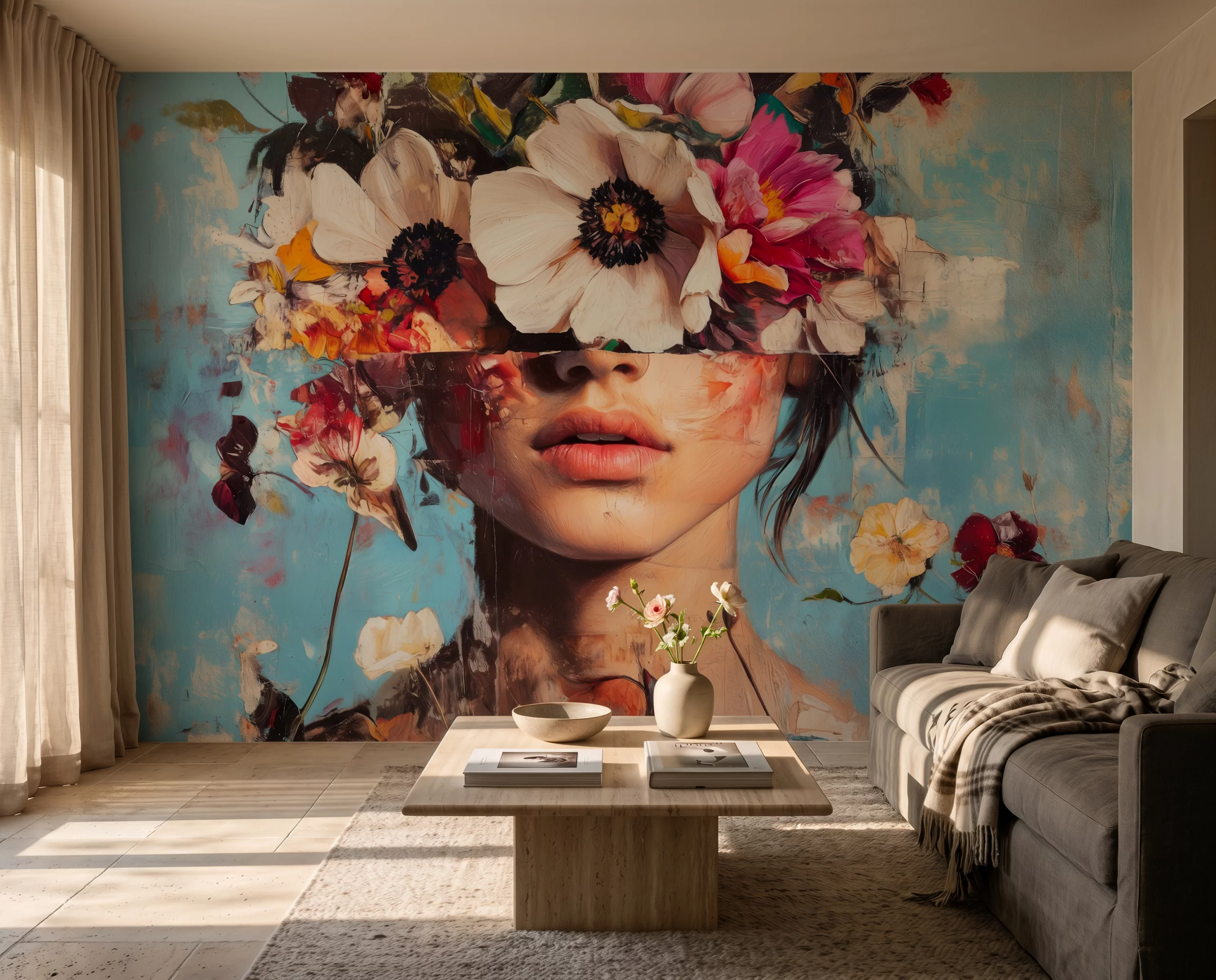 Wandkult XXL Tapetenmotiv „Blütenblick“ – florales Portrait mit verdeckten Augen, großen Blüten und blauem Hintergrund, LaGa Sonder-Edition inspiriert von der Landesgartenschau Leinefelde-Worbis in einem Wohnzimmer