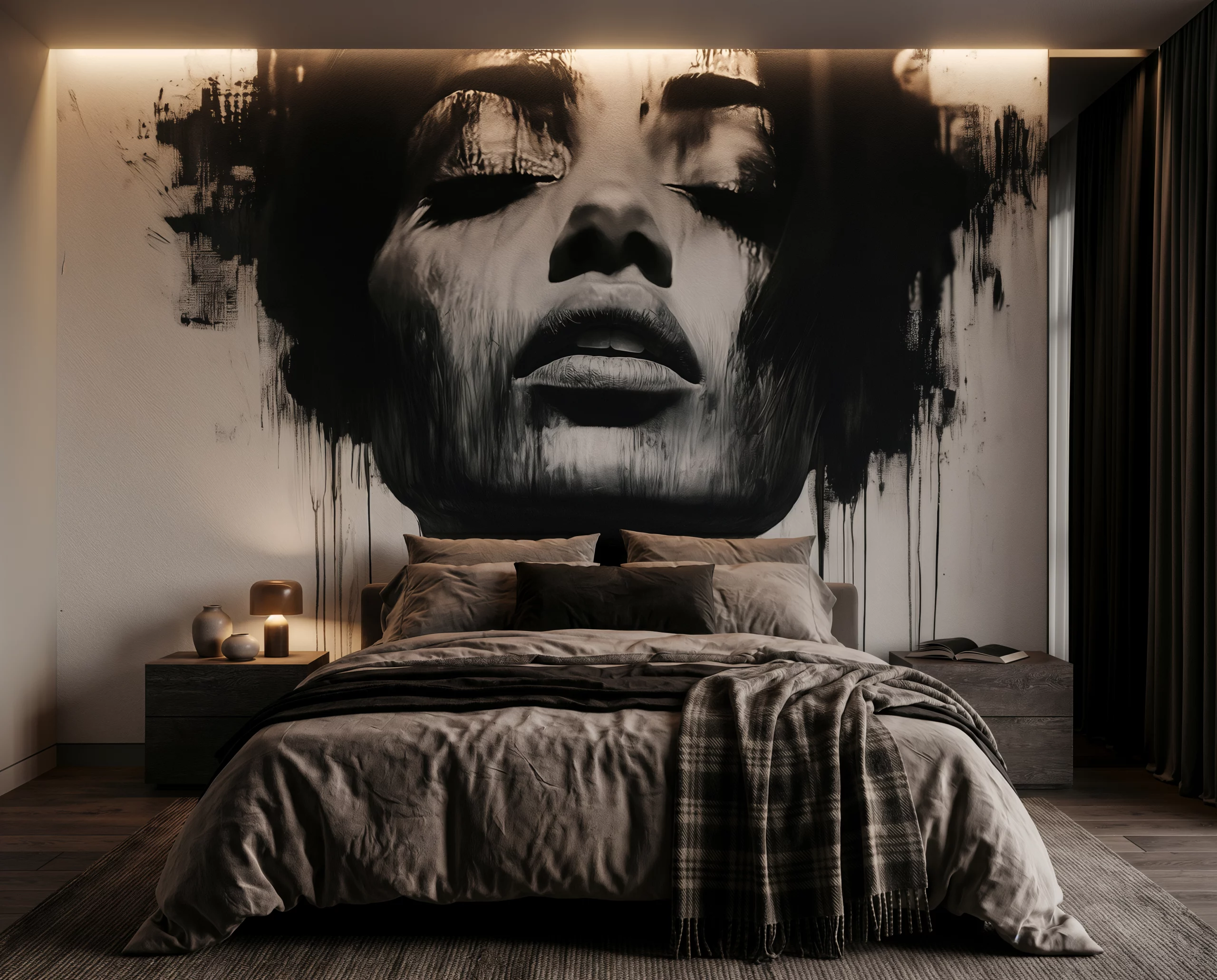 Wandkult XXL Tapetenmotiv „Dunkle Muse“ – dramatisches Portrait in Schwarz und Offwhite mit geschlossenen Augen, verlaufender Tusche-Optik und minimalistischer Kunstwirkung in einem Schlafzimmer