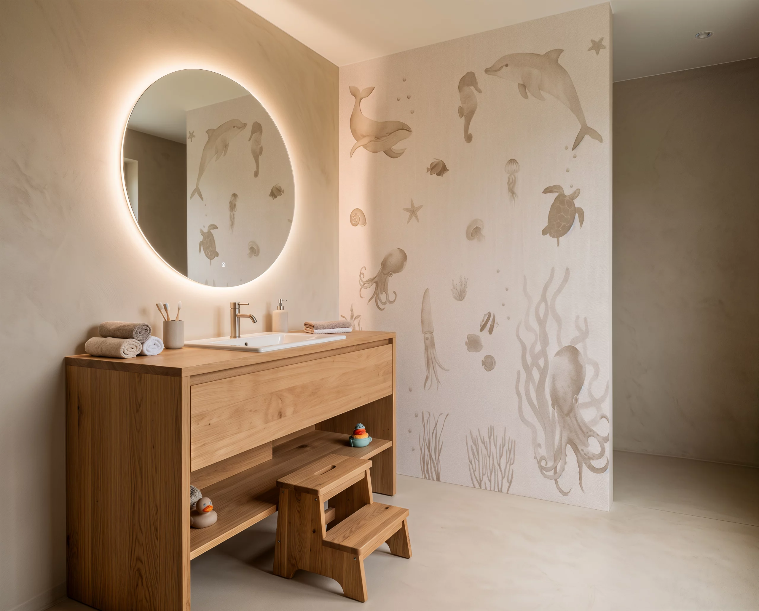 Wandkult XXL Tapetenmotiv „Meeresfreunde“ – Kinderzimmer-Tapete mit Wal, Delfin, Schildkröte, Kraken, Seepferdchen und weiteren Meerestieren in Beige auf heller Leinenstruktur im Kinderbad Badezimmer für Kinder