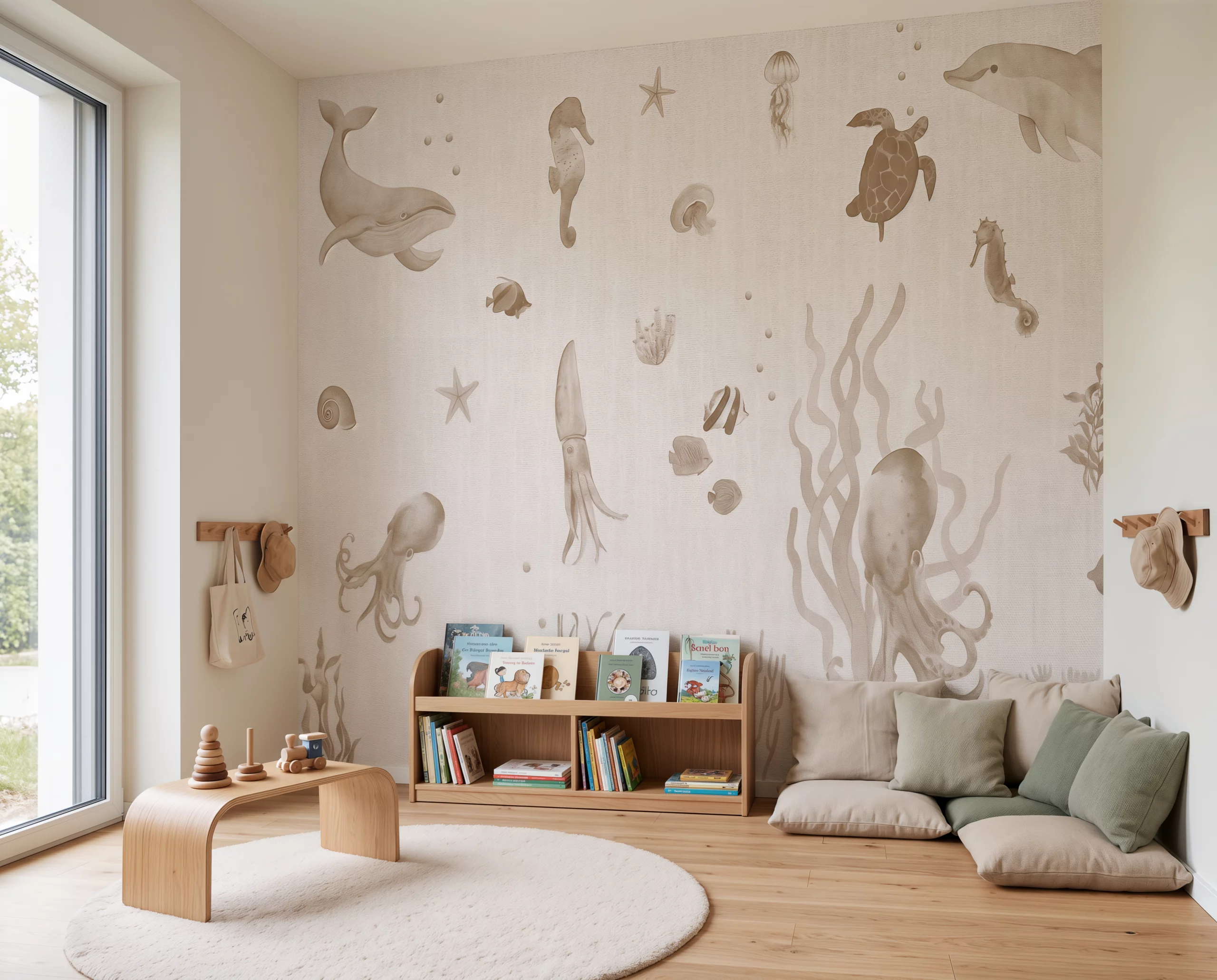 Wandkult XXL Tapetenmotiv „Meeresfreunde“ – Kinderzimmer-Tapete mit Wal, Delfin, Schildkröte, Kraken, Seepferdchen und weiteren Meerestieren in Beige auf heller Leinenstruktur in der Kita oder Wartebereich des Kinderarzt