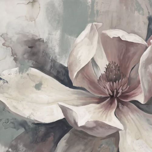 Blütenstille – malerisches Magnolienmotiv in Creme, Grau und zartem Rosé als WANDKULT Wandgestaltung nach Maß